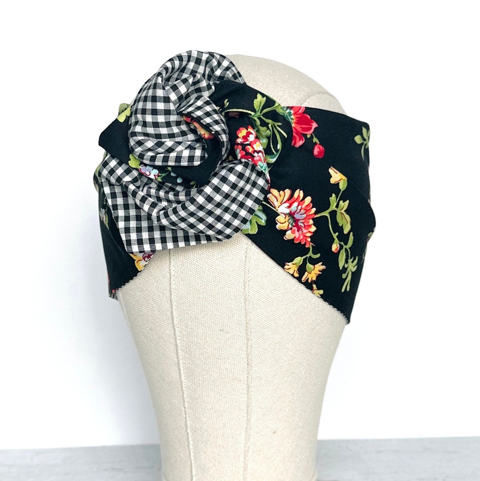 Extra Wide Reversible Adjustable Wire Headband, Black White Floral & Gingham Print, Wired Head Wrap, Turban Hair Accessories, Head Scarf