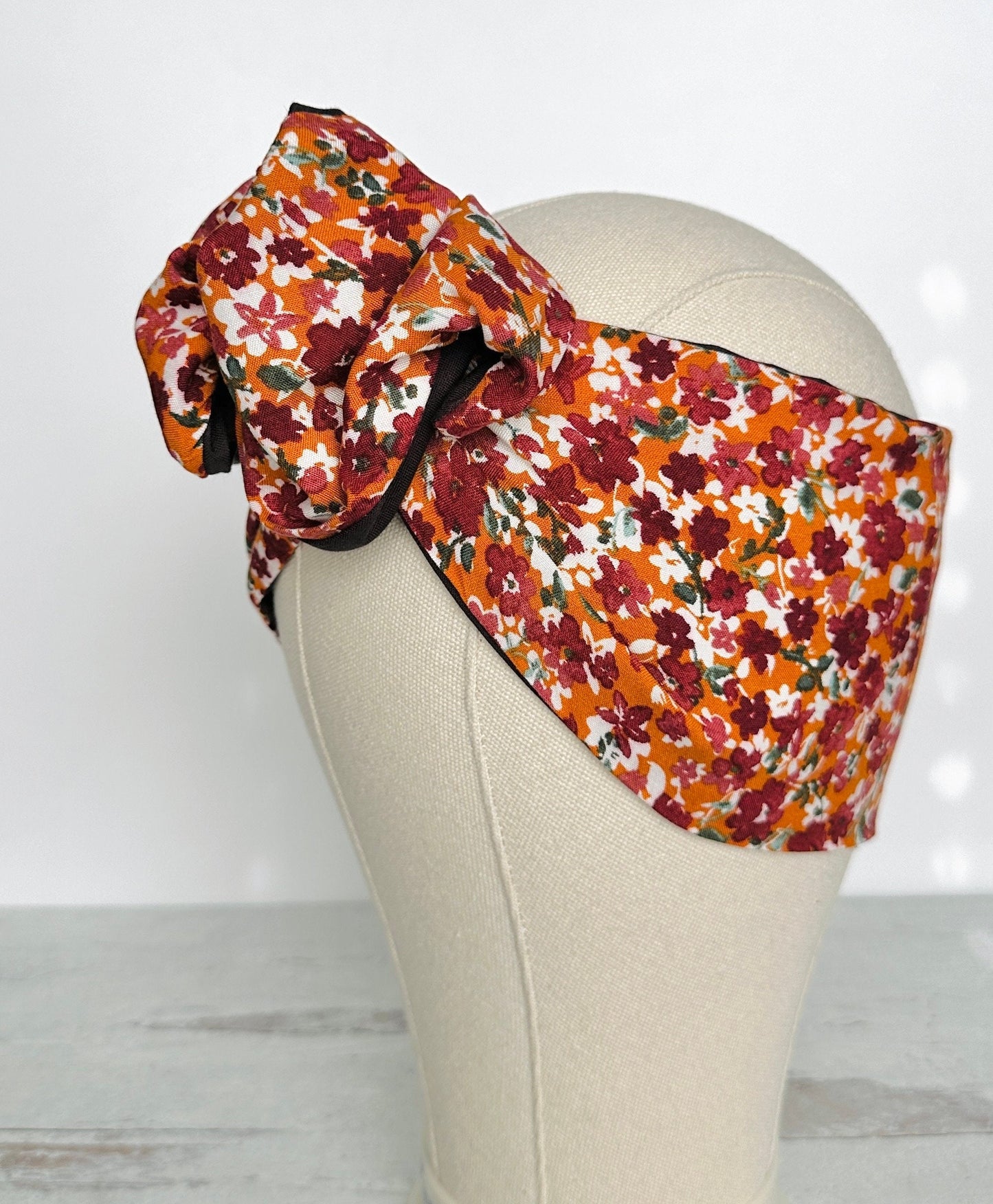 Extra Wide Reversible BENDABLE Wire Headband, Orange Burgundy Fall Floral Print Wired Head Wrap, Turban Knot Twisted Head Scarf Accessories