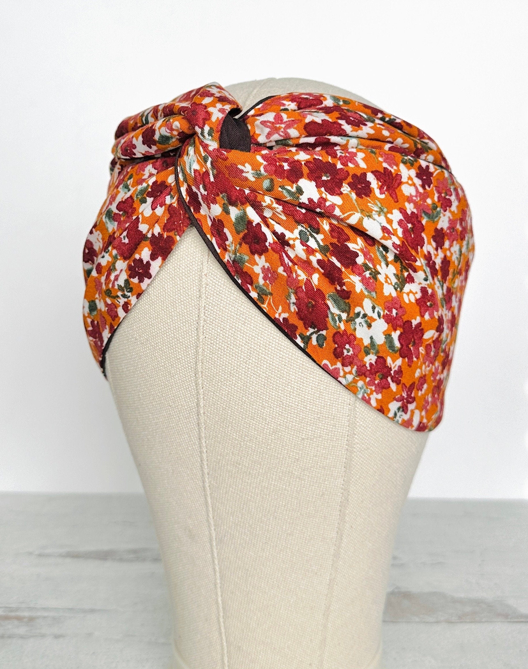 Extra Wide Reversible BENDABLE Wire Headband, Orange Burgundy Fall Floral Print Wired Head Wrap, Turban Knot Twisted Head Scarf Accessories