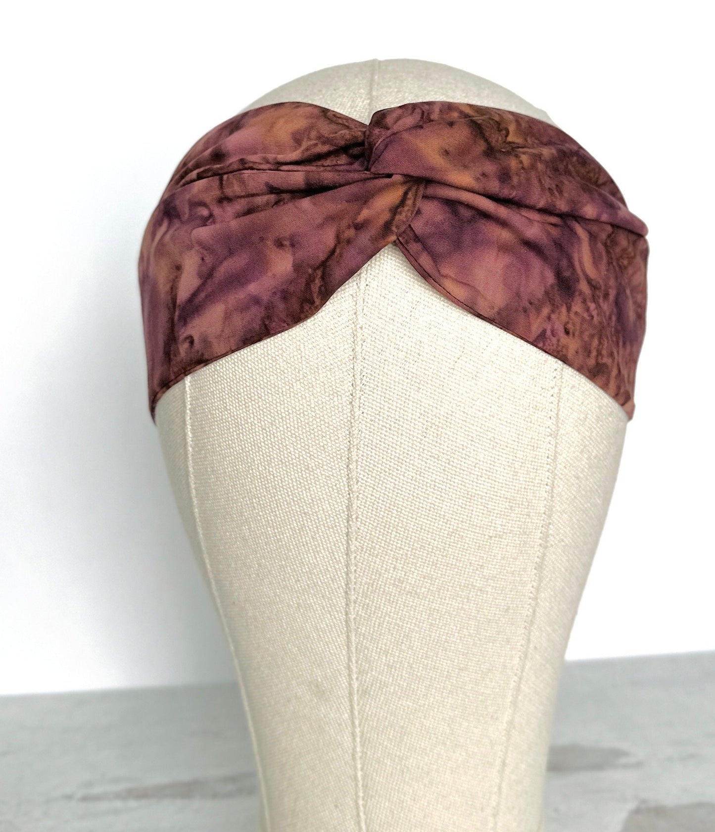 Mini Adjustable Wire Head Wrap, Burgundy Brown Batik Wired Headband, Bendable Fabric Head Wrap, Top Knot Hair Accessories for Women