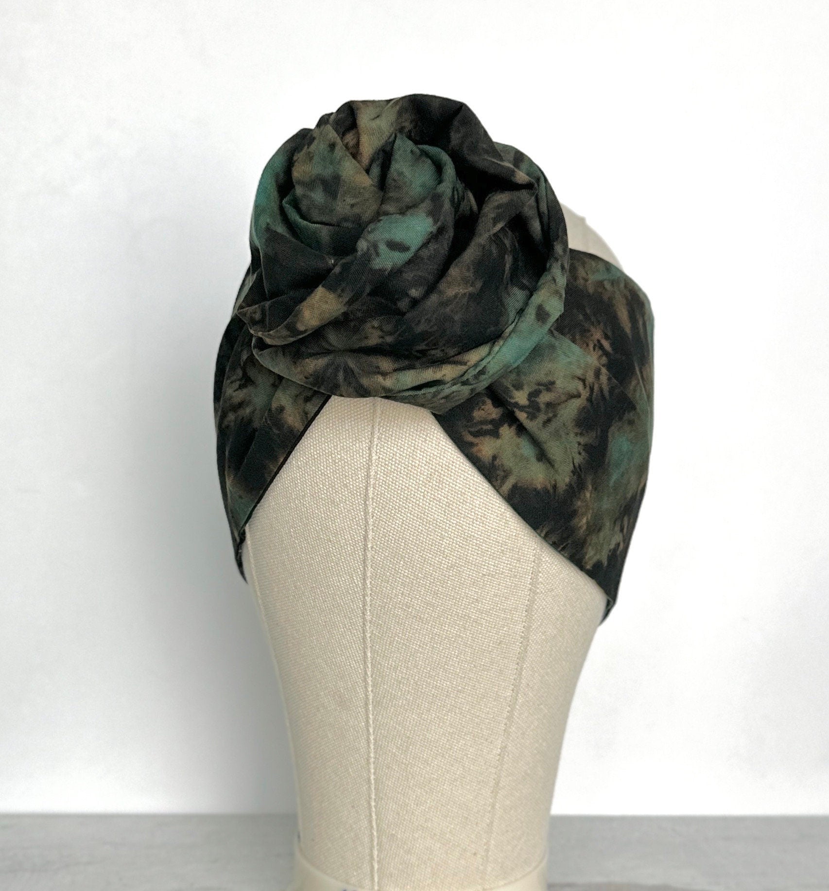 Hand Dyed Extra Long Wide ADJUSTABLE Wire Headband, Black & Teal Green Tie Dyed Wired Head Wrap , Hair Accessories For Women, No Slip Scarf