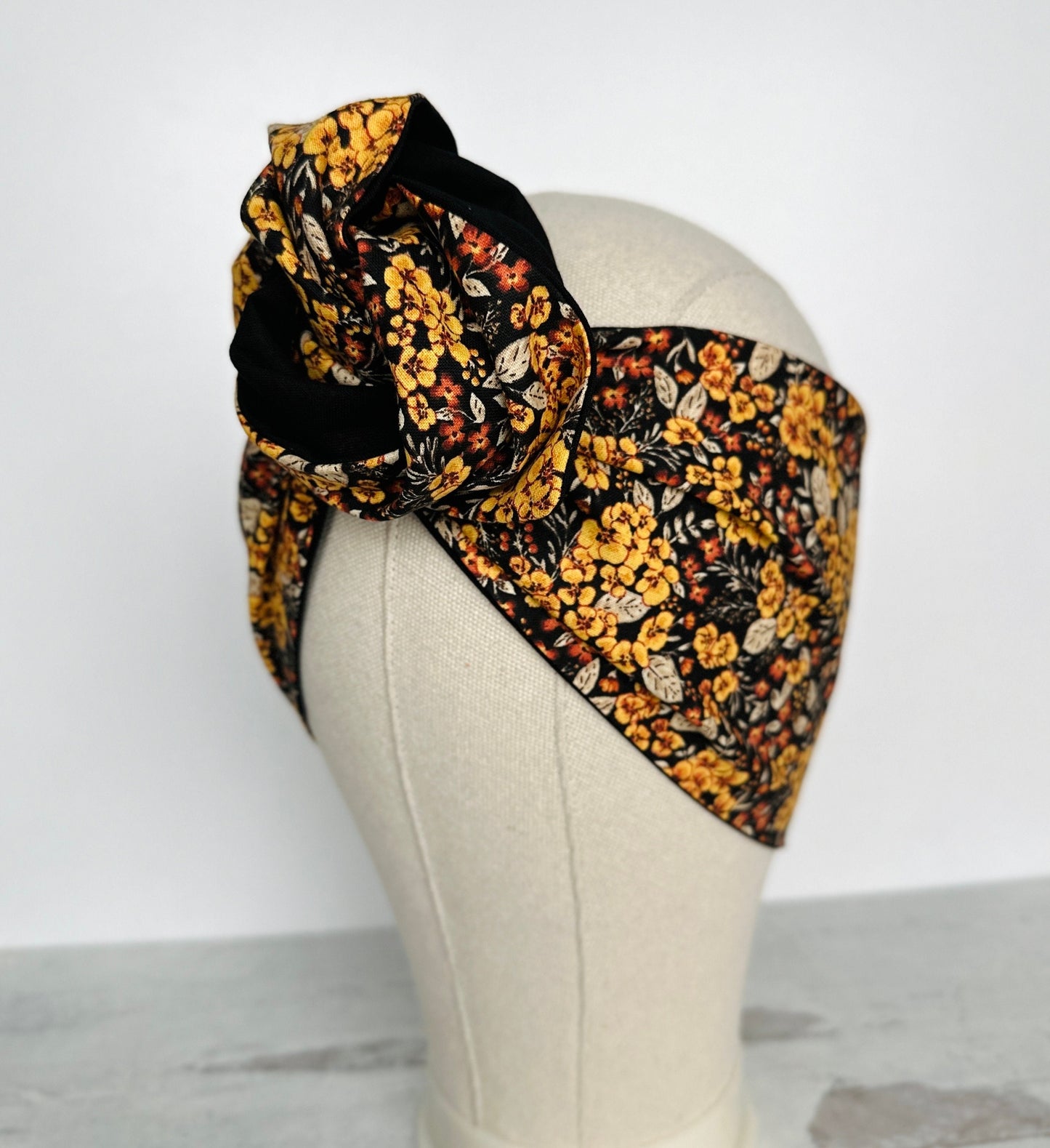 Extra Wide Reversible BENDABLE Wire Headband, Black Yellow Fall Floral Print, Autumn Wired Head Wrap, Turban Accessories, Head Scarf Bandana