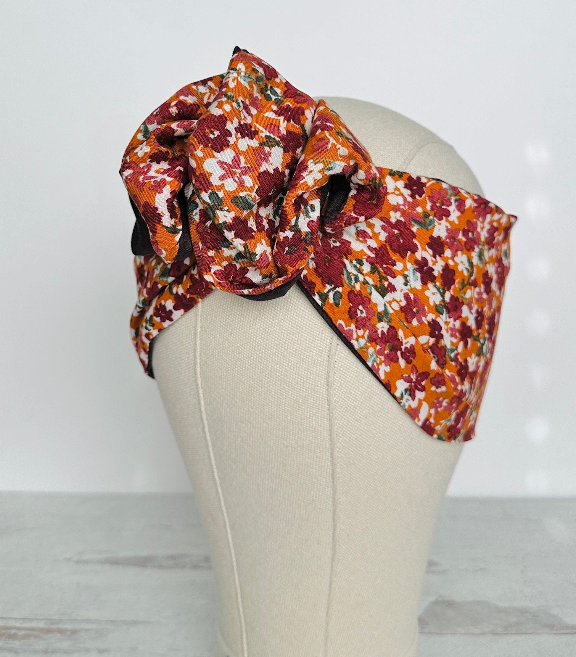 Extra Wide Reversible BENDABLE Wire Headband, Orange Burgundy Fall Floral Print Wired Head Wrap, Turban Knot Twisted Head Scarf Accessories