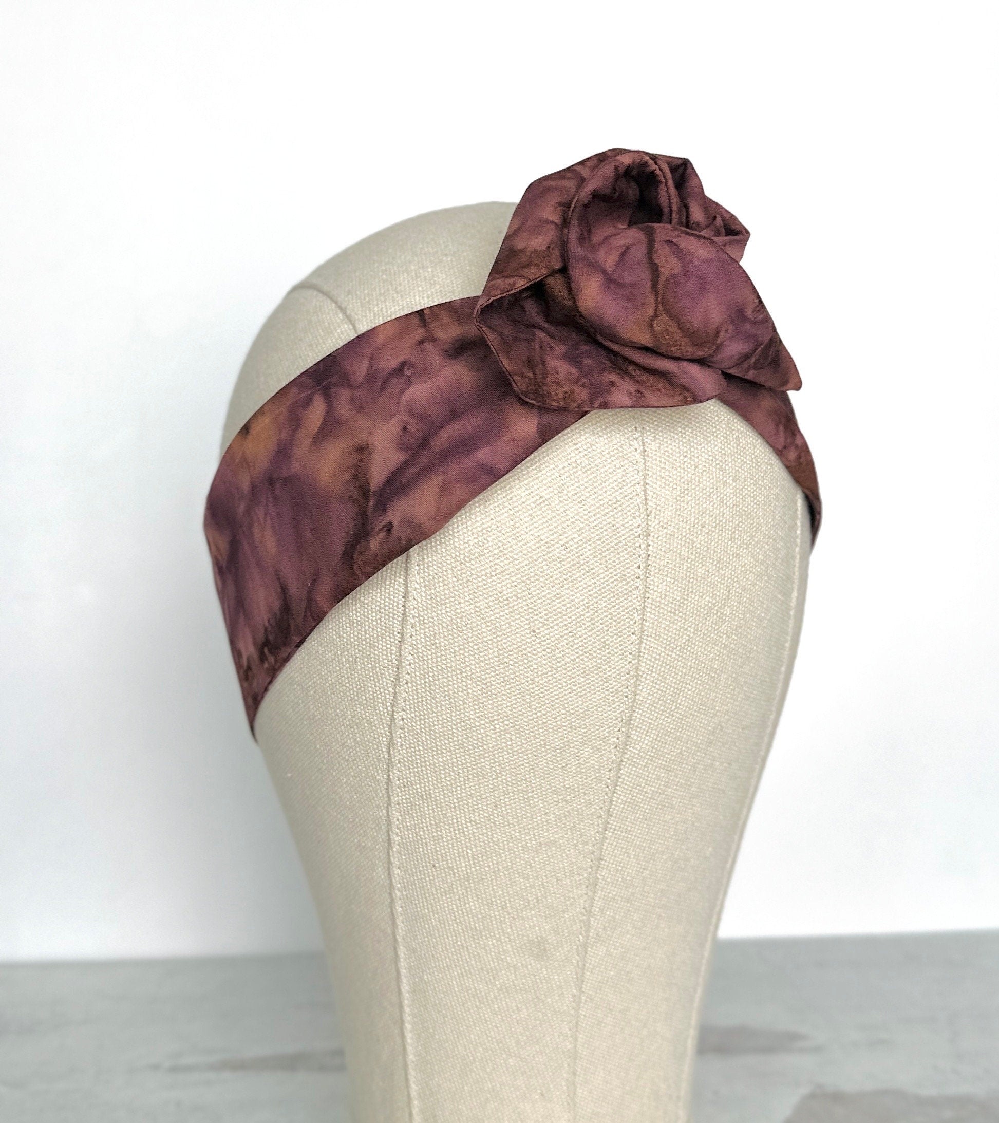 Mini Adjustable Wire Head Wrap, Burgundy Brown Batik Wired Headband, Bendable Fabric Head Wrap, Top Knot Hair Accessories for Women