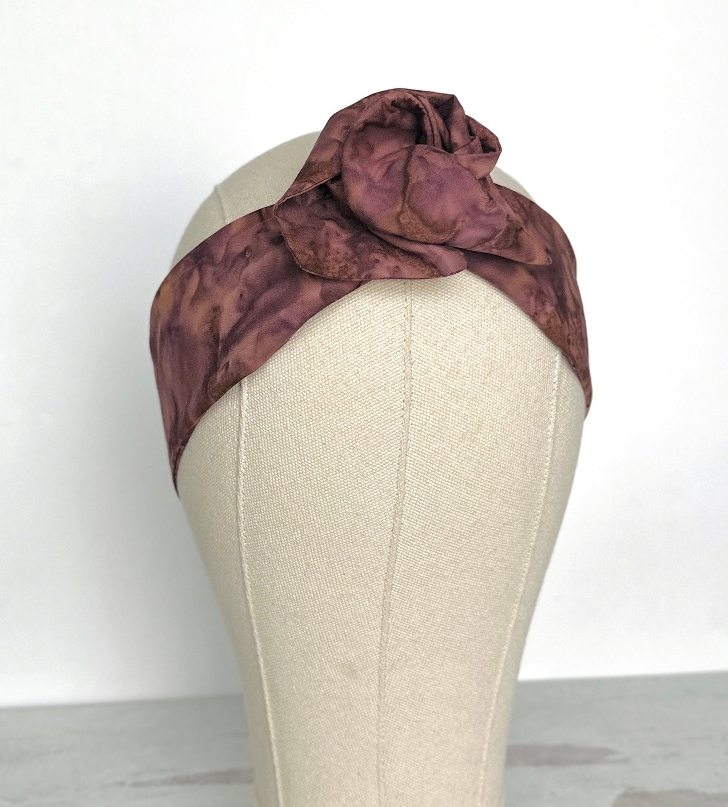 Mini Adjustable Wire Head Wrap, Burgundy Brown Batik Wired Headband, Bendable Fabric Head Wrap, Top Knot Hair Accessories for Women