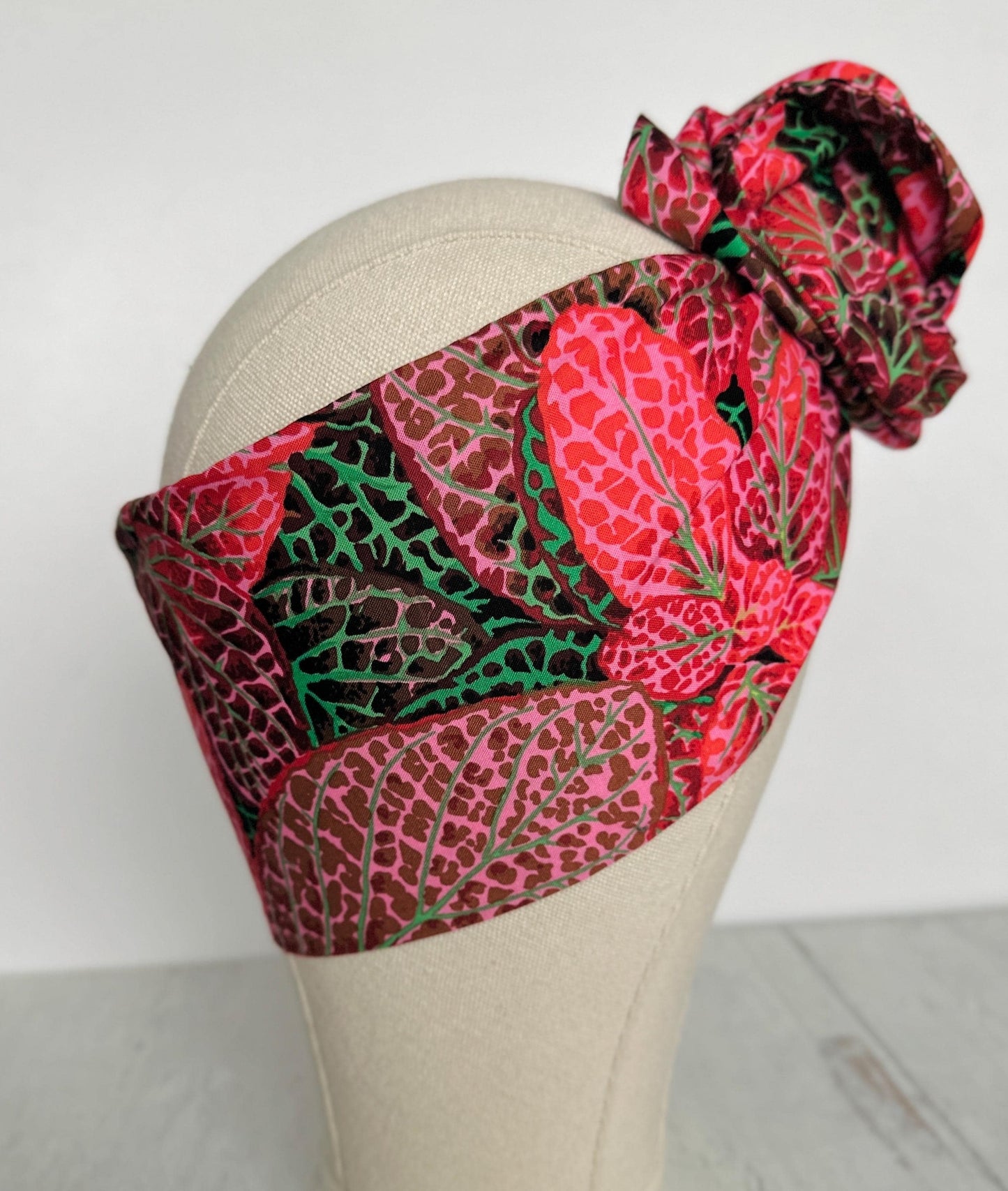 Extra Long & Wide BENDABLE Wire Head Wrap, Boho Red Pink Leaf Print Wired Headband and Turban, Hair Wrap Gift For Her, Head Scarf