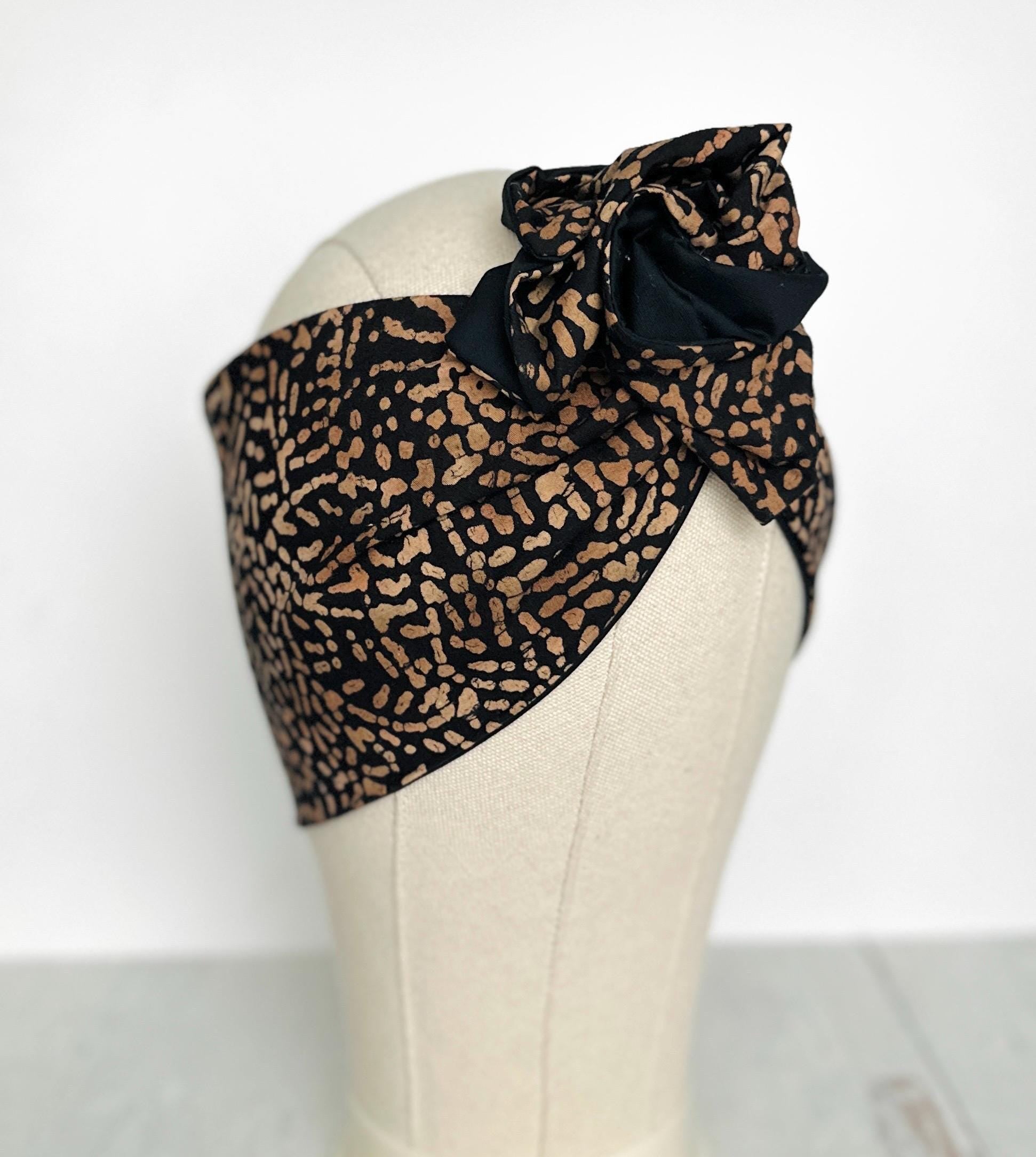 Extra Wide Reversible Adjustable Wire Headband, Batik Black & Tan Abstract Print, Wired Headband, Head Wrap, Turban Accessories, Head Scarf