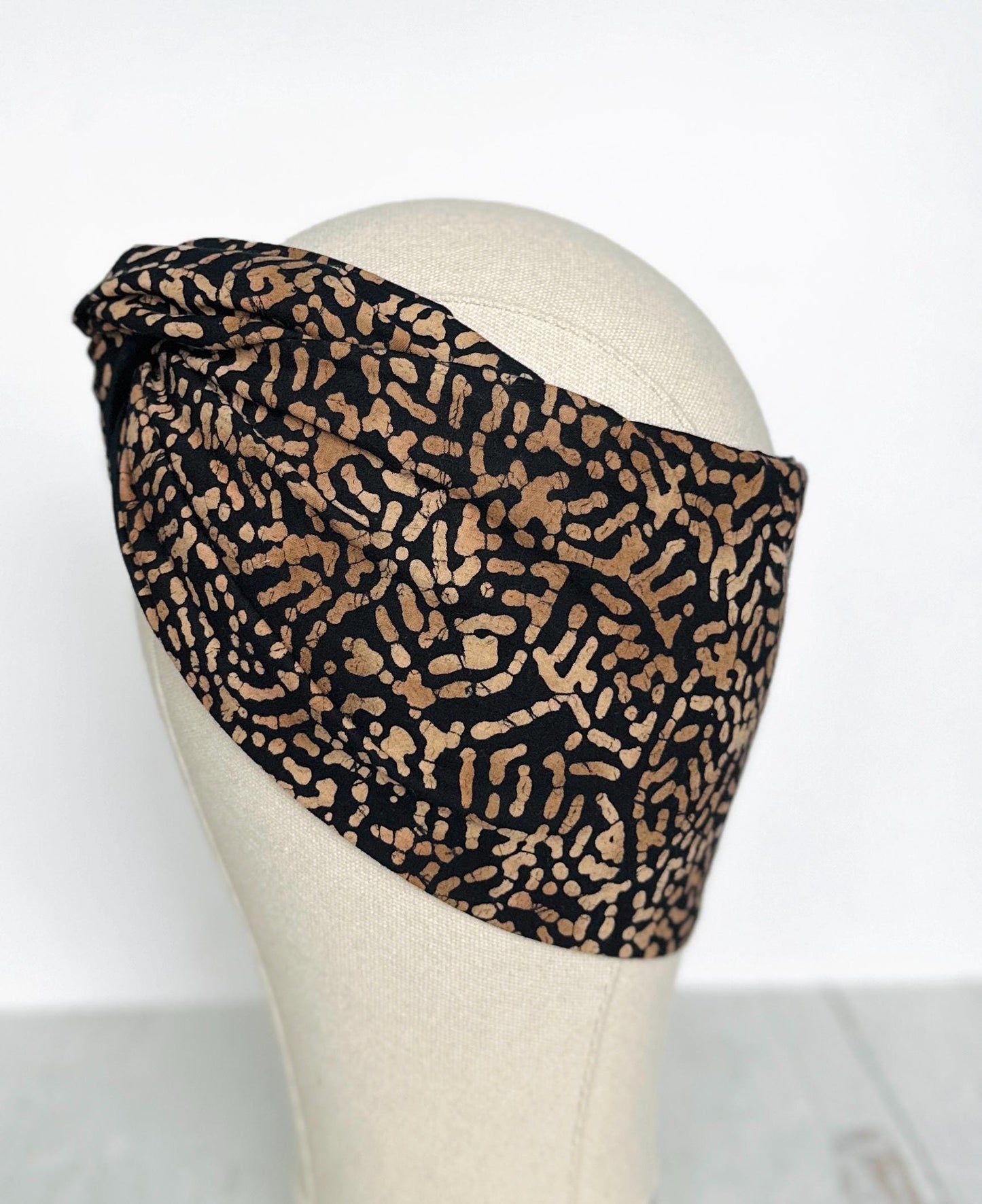 Extra Wide Reversible Adjustable Wire Headband, Batik Black & Tan Abstract Print, Wired Headband, Head Wrap, Turban Accessories, Head Scarf