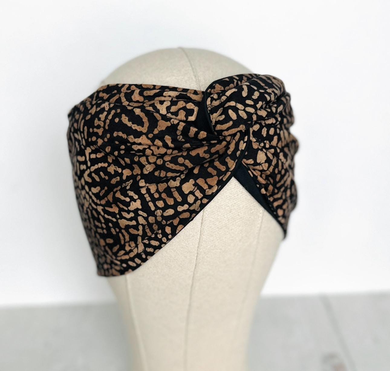 Extra Wide Reversible Adjustable Wire Headband, Batik Black & Tan Abstract Print, Wired Headband, Head Wrap, Turban Accessories, Head Scarf