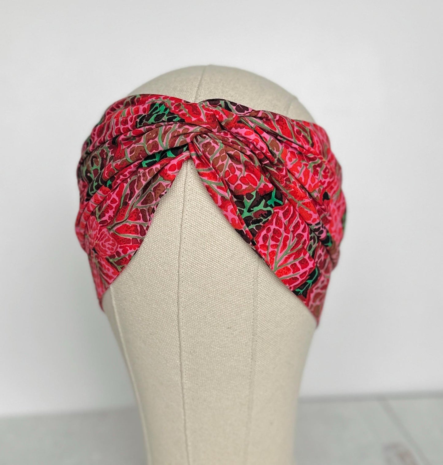 Extra Long & Wide BENDABLE Wire Head Wrap, Boho Red Pink Leaf Print Wired Headband and Turban, Hair Wrap Gift For Her, Head Scarf