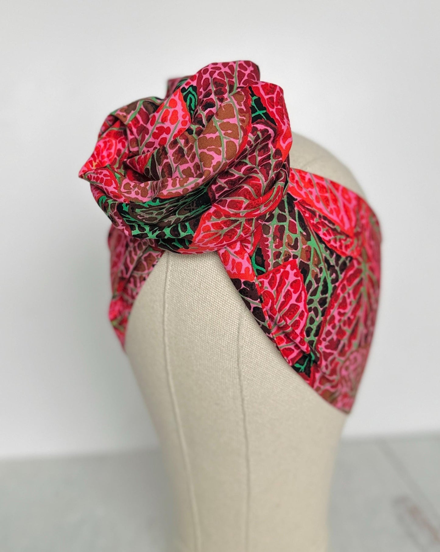 Extra Long & Wide BENDABLE Wire Head Wrap, Boho Red Pink Leaf Print Wired Headband and Turban, Hair Wrap Gift For Her, Head Scarf