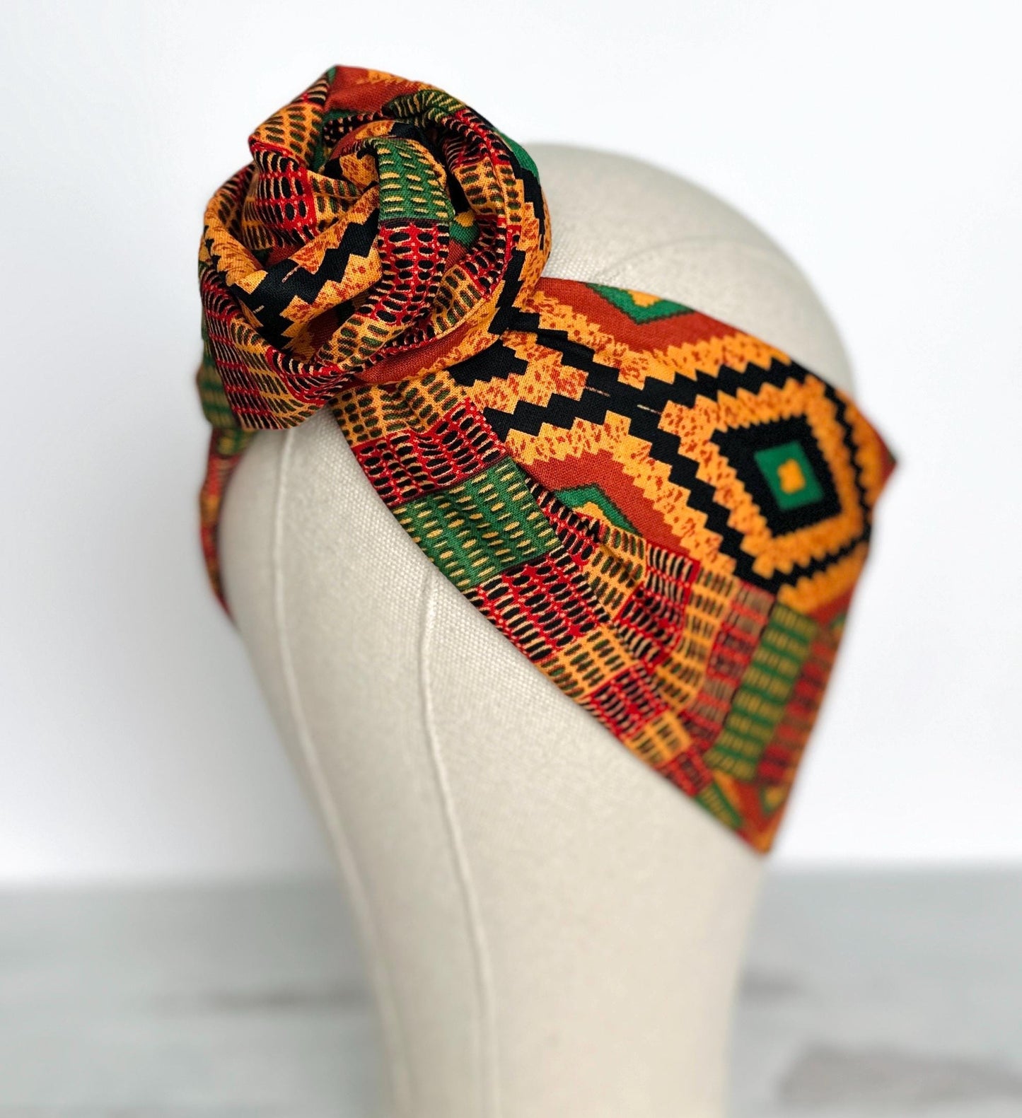 Extra Wide Adjustable Wire Headband African Kente Print, Black Orange, Boho Wired Headband, Fabric Head Wrap, Turban, Gift for Her, Scarf