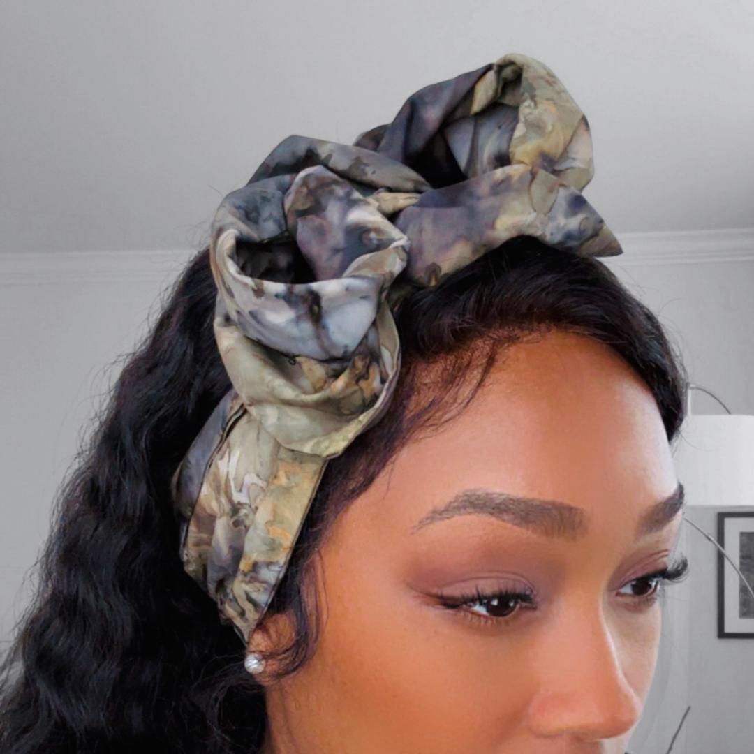 MIDI Wide Adjustable Wire Head Wrap, Grey Blue Batik FallHeadband, Headband For Women, Turban, Hair Accessories