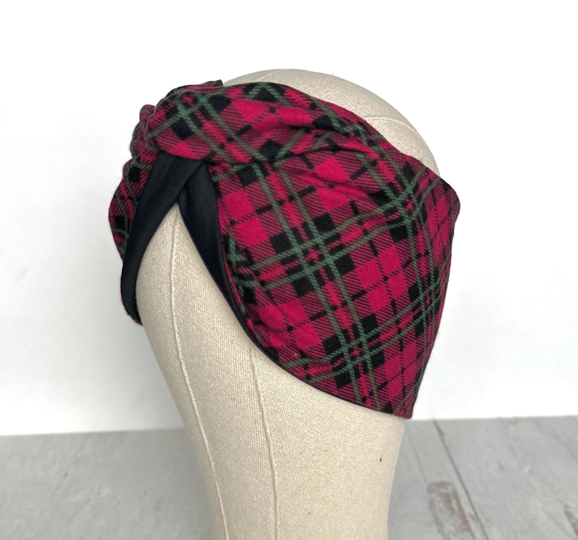 Extra Wide EDDIE BAUER Flannel Adjustable Wire Headband, Waem Cherry Red & Black Wired Head Wrap, Turban, Fashion Hair Accessories for Women