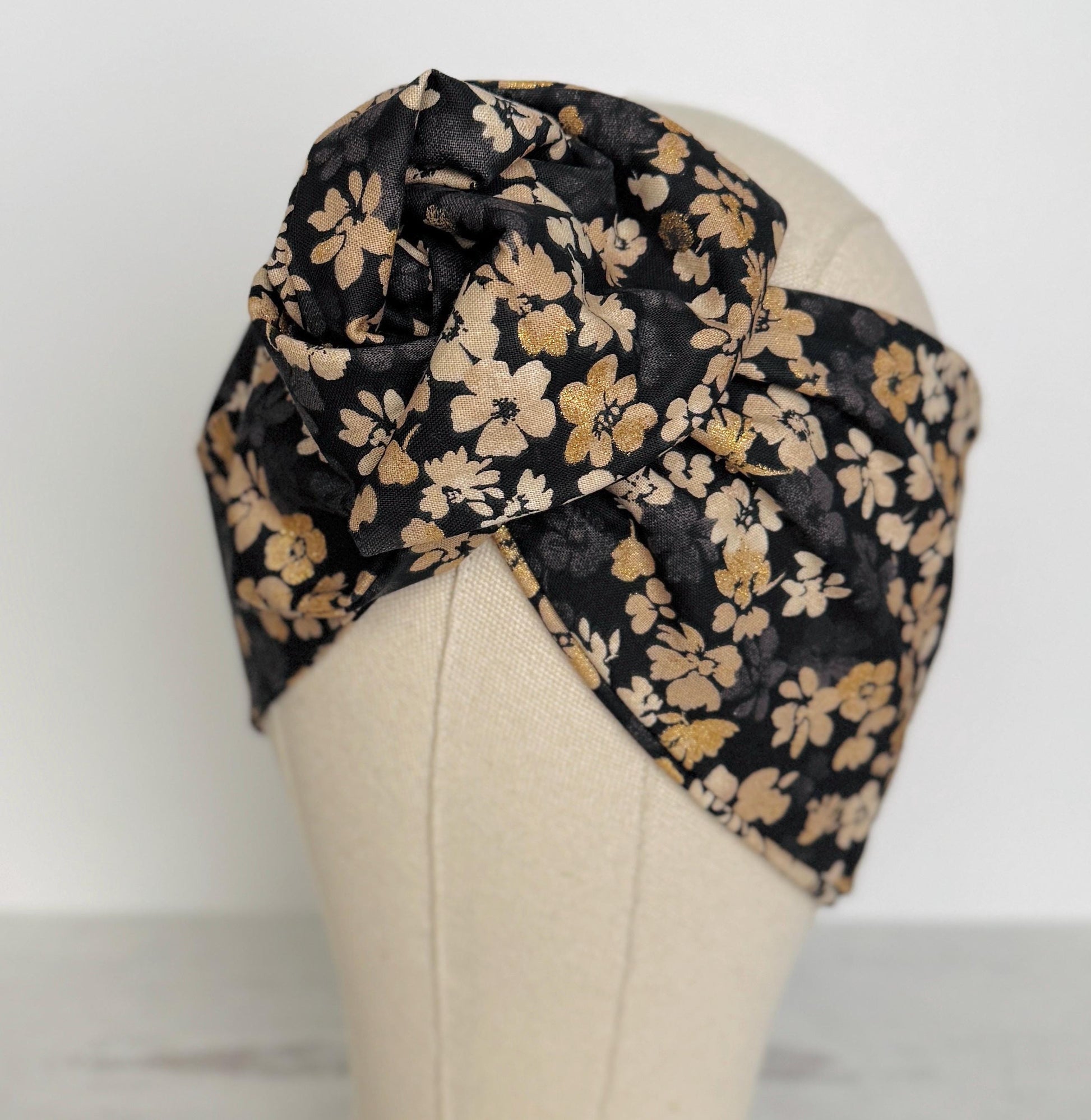 Extra Wide Bendable Wire Headband, Floral Black & Gold Speckled Wired Head Wrap For Women, Adjustable Turban, Autumn Winter Head Scarf