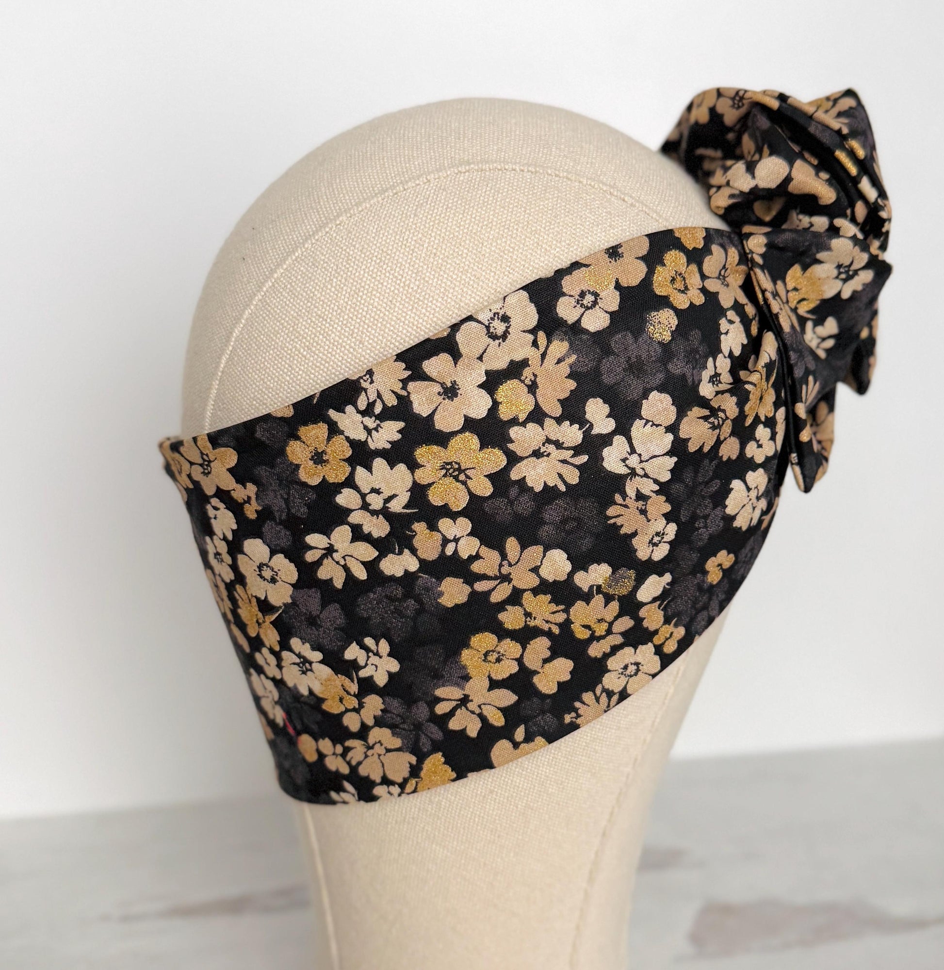 Extra Wide Bendable Wire Headband, Floral Black & Gold Speckled Wired Head Wrap For Women, Adjustable Turban, Autumn Winter Head Scarf