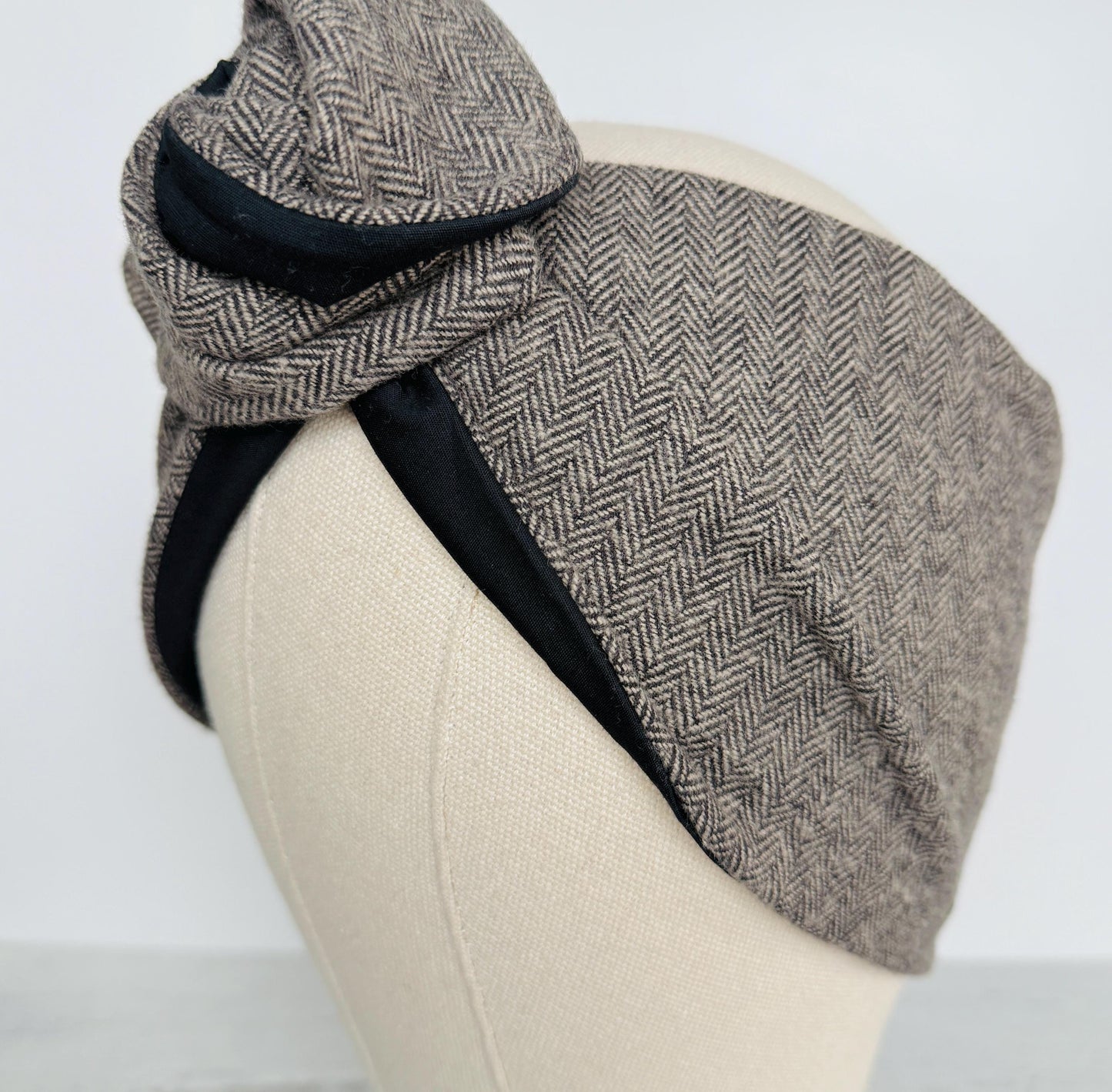 Extra Wide Reversible BENDABLE Wire Headband, Warm Grey Brushed Cotton Herringbone Wired Head Wrap, Turban Accessories, Head Scarf Bandana