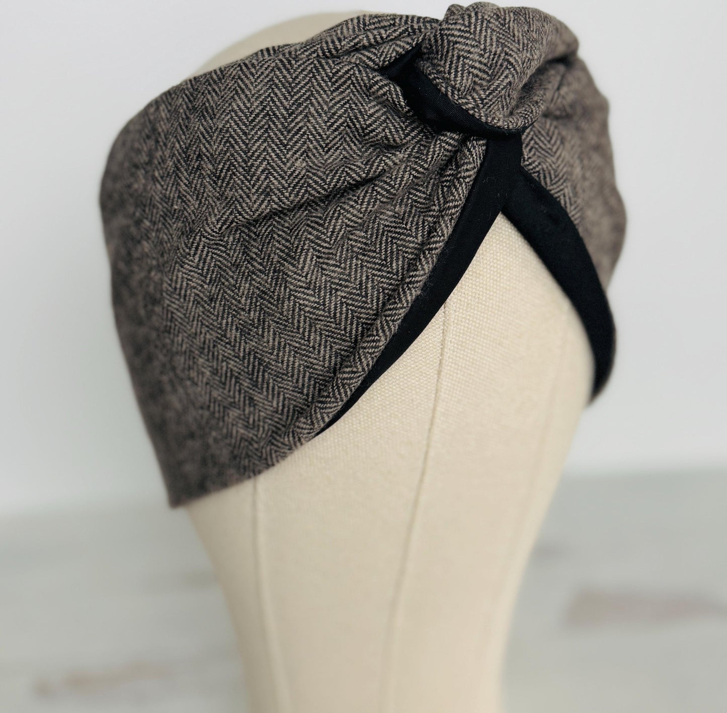 Extra Wide Reversible BENDABLE Wire Headband, Warm Grey Brushed Cotton Herringbone Wired Head Wrap, Turban Accessories, Head Scarf Bandana