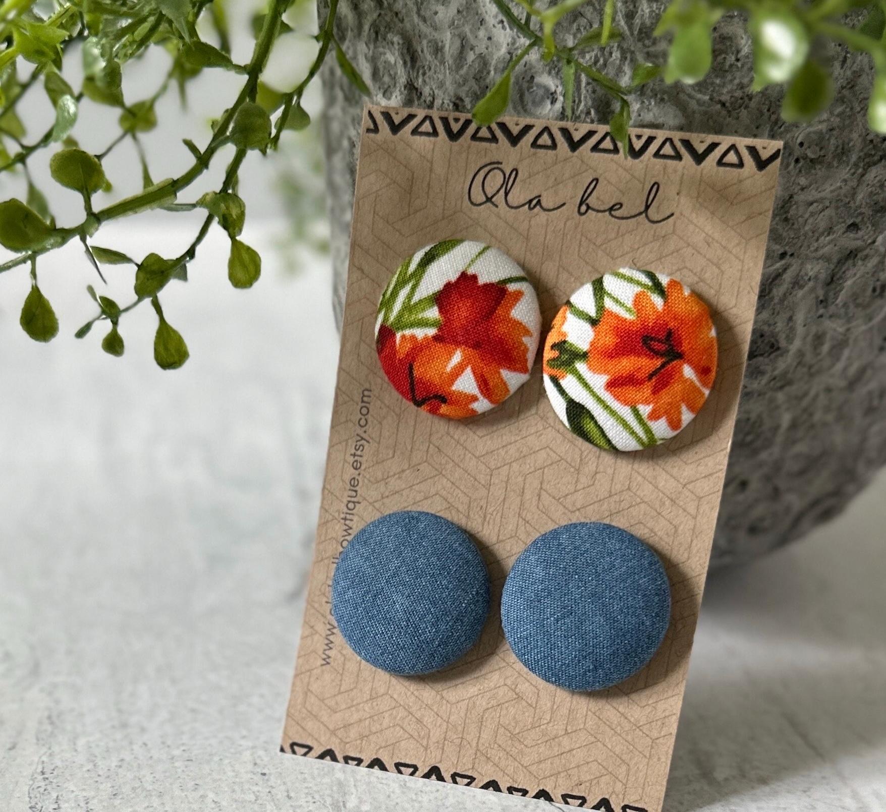 Two Sets of OVERSIZED Fabric Button Stud Earrings, Choose 2 Statement Earrings, Handmade Jewelry for Women, Stainless Steel Rubber Backs