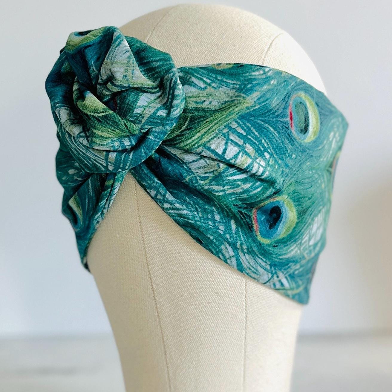 Extra Wide ADJUSTABLE Wire Headband, Teal Peacock Print Wired Head Wrap, Hair Accessories For Women, No Slip, Comfortable