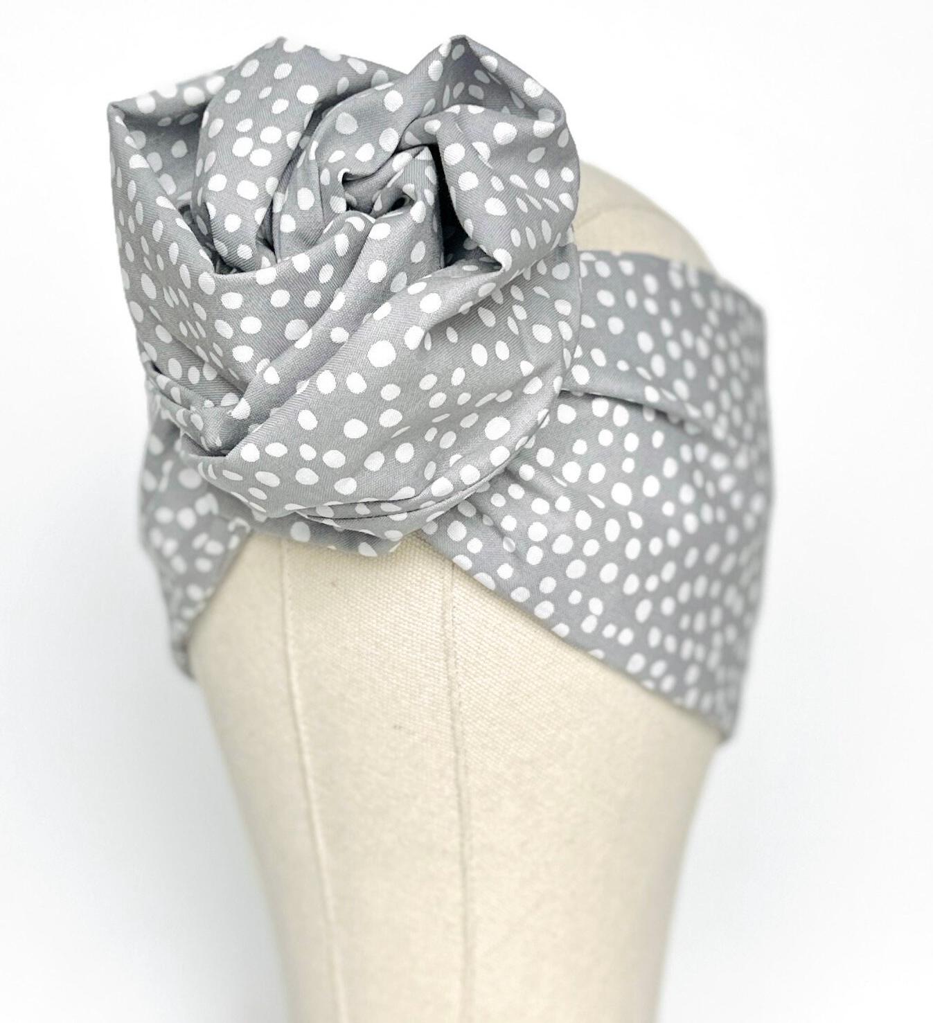 Extra Long Wide Adjustable Wire Headband, Grey Polka Dots Print, Wired Headband, Fabric Head Wrap, Turban, Women Accessories, Head Scarf