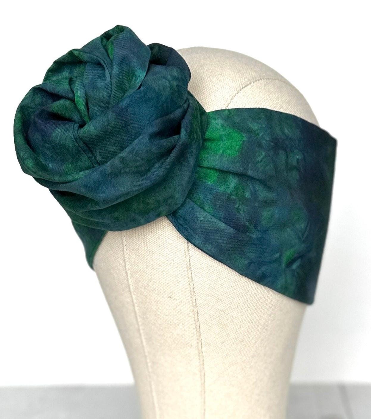 Hand Dyed Long Wide ADJUSTABLE Wire Headband, Blue Green Tie Dyed Spring Summer Beach Head Wrap, Bendable Women Hair Scarf, No Slip Bandana