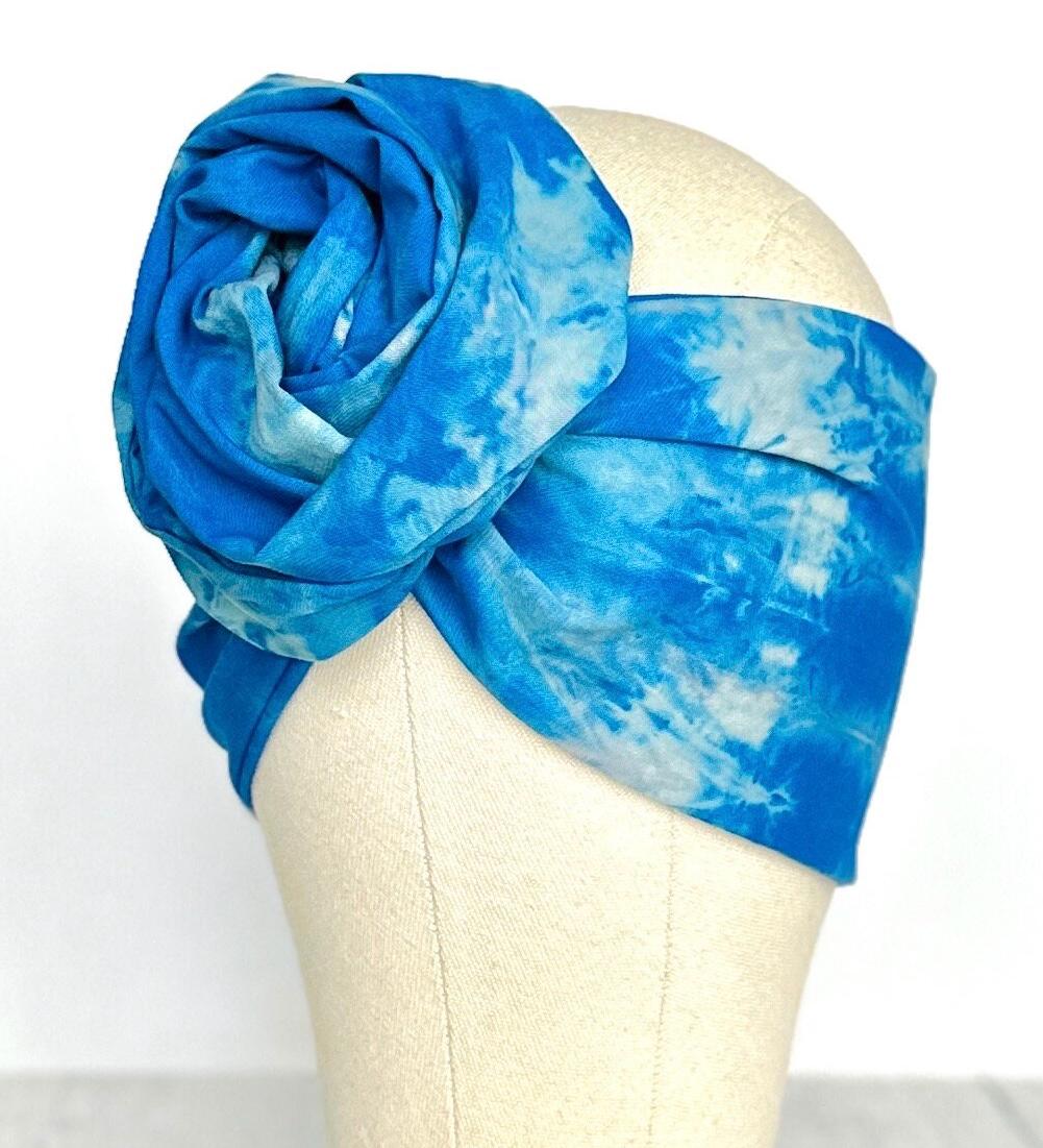 Hand Dyed Long Wide ADJUSTABLE Wire Headband, Blue Tie Dyed Spring Summer Beach Head Wrap, Bendable Hair Scarf For Women, No Slip Bandana