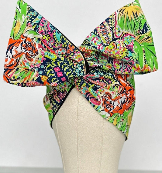 Extra Wide Reversible Adjustable Wire Headband, Green Boho Tropical Tiger Print, Bendable Wired Head Wrap, Turban Accessories, Head Scarf
