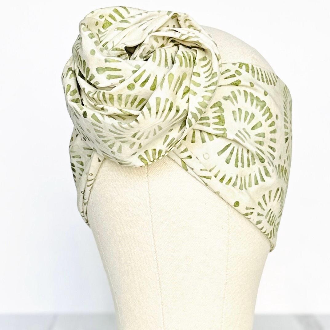 Extra Long Wide Adjustable Wire Wrap Batik Headband, Light Beige & Green, Wired Headband, Head Wrap, Hair Tie, Accessories, Turban, Women