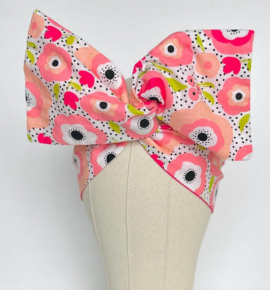 Extra Wide Reversible Adjustable Wire Headband, White Pink Floral Print, Bendable Wired Head Wrap, Turban Accessories, Head Scarf