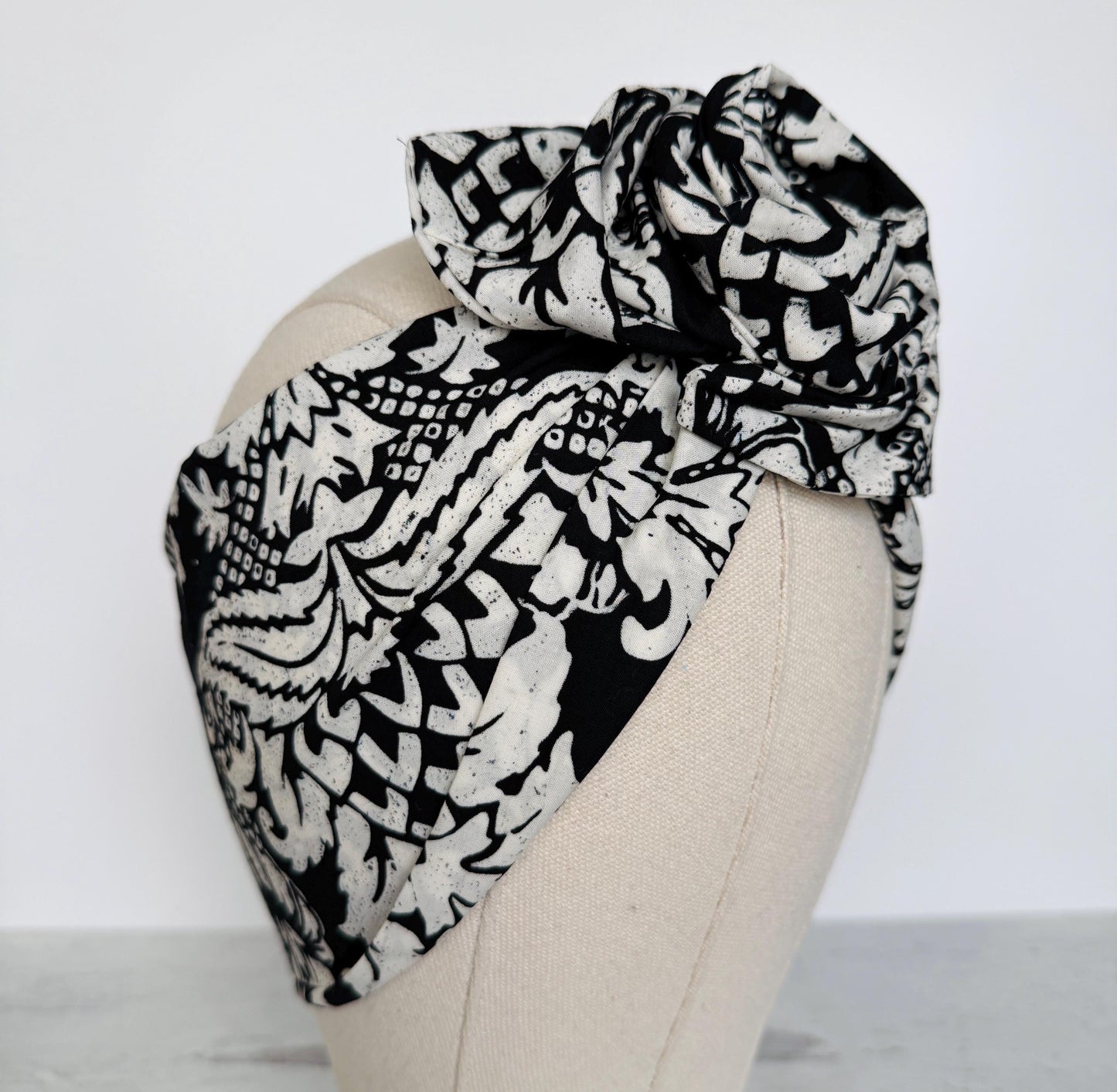 Extra Wide Adjustable Wire Headband, Batik Black & White Floral Print Wired Headband and Turban, Fabric Head Wrap, Hair Scarf