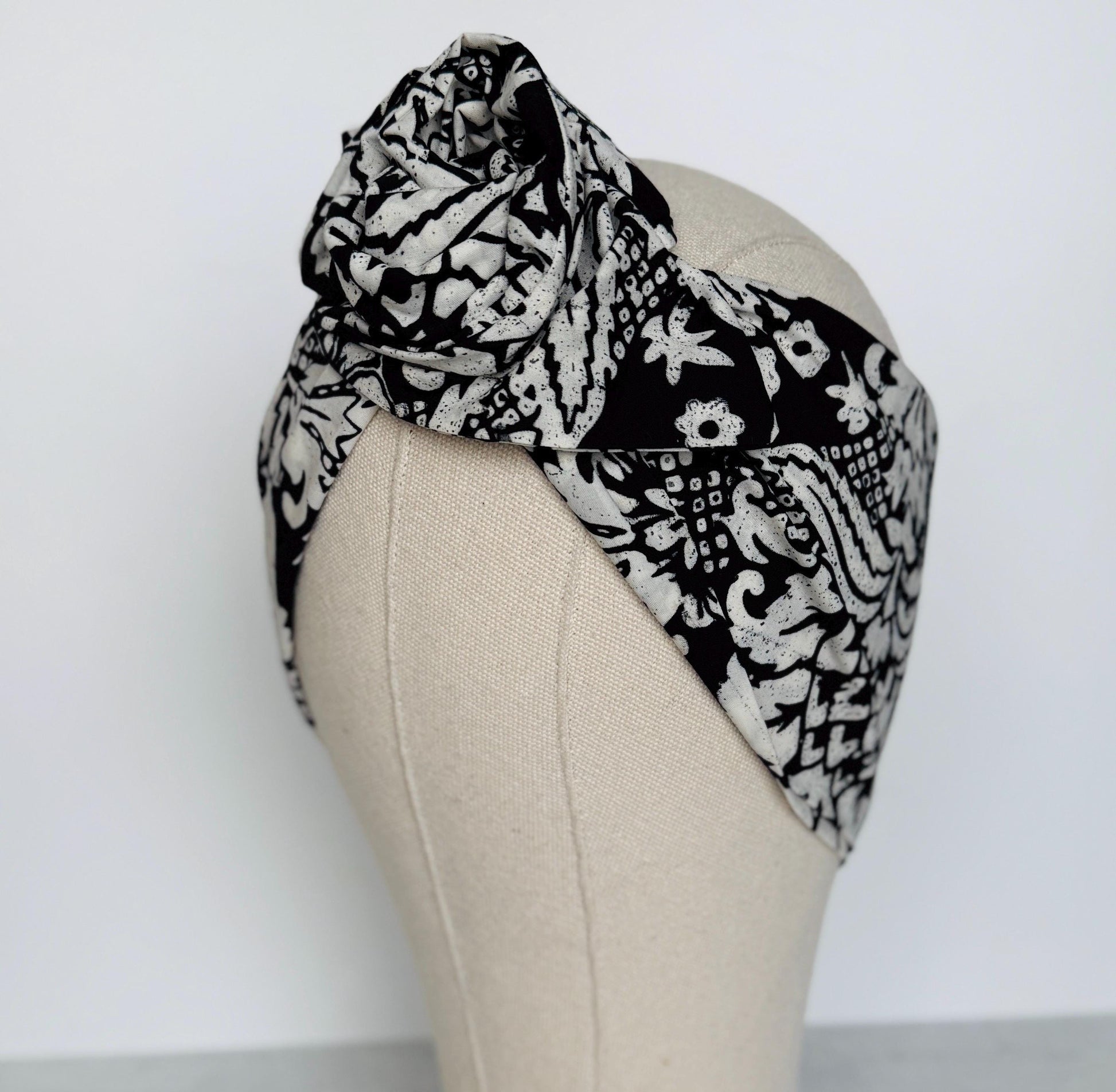 Extra Wide Adjustable Wire Headband, Batik Black & White Floral Print Wired Headband and Turban, Fabric Head Wrap, Hair Scarf