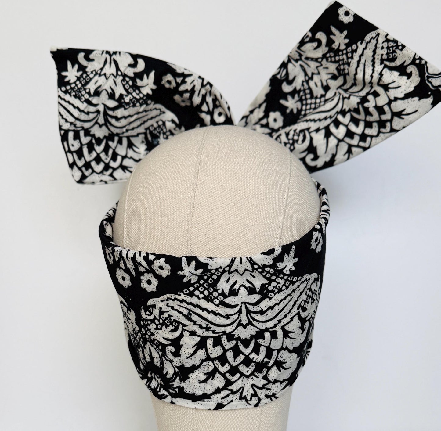 Extra Wide Adjustable Wire Headband, Batik Black & White Floral Print Wired Headband and Turban, Fabric Head Wrap, Hair Scarf