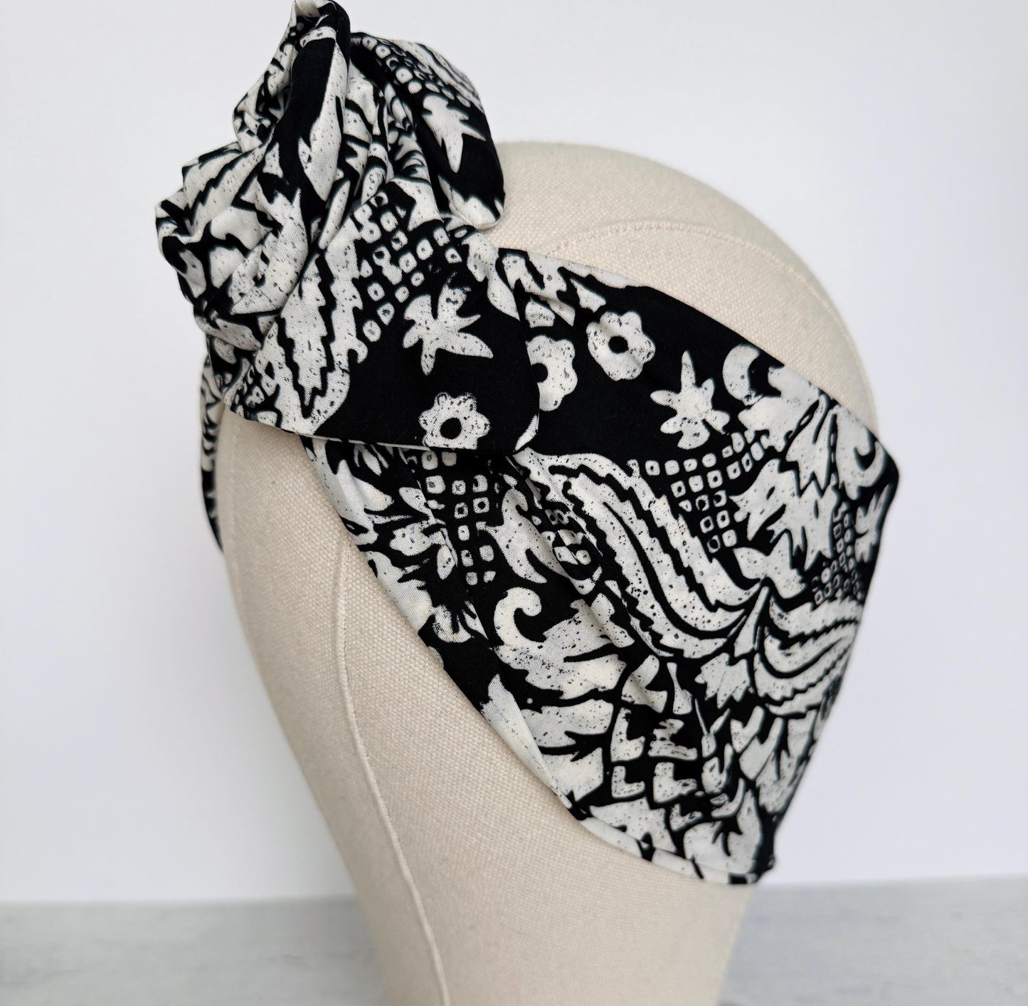 Extra Wide Adjustable Wire Headband, Batik Black & White Floral Print Wired Headband and Turban, Fabric Head Wrap, Hair Scarf