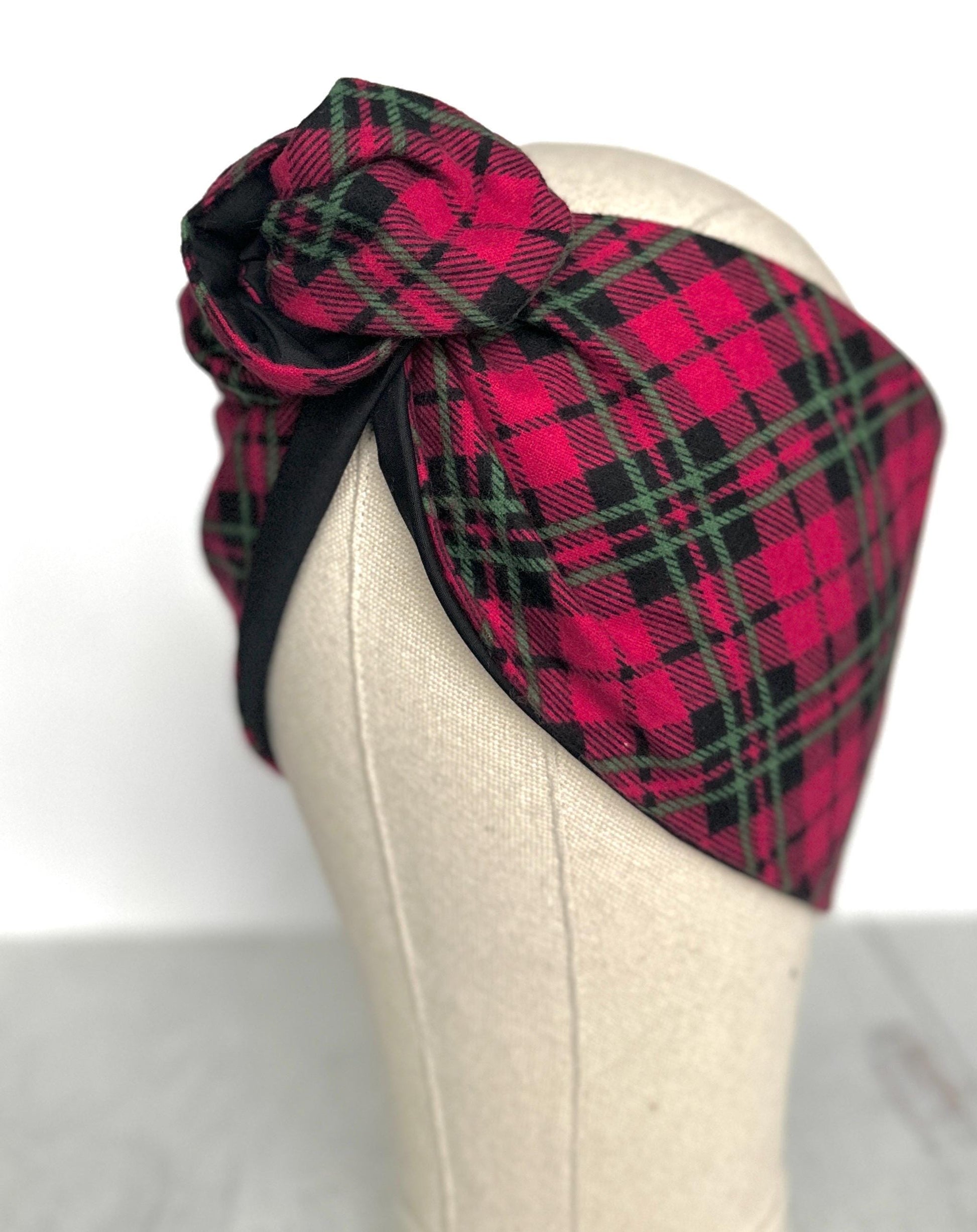 Extra Wide EDDIE BAUER Flannel Adjustable Wire Headband, Waem Cherry Red & Black Wired Head Wrap, Turban, Fashion Hair Accessories for Women