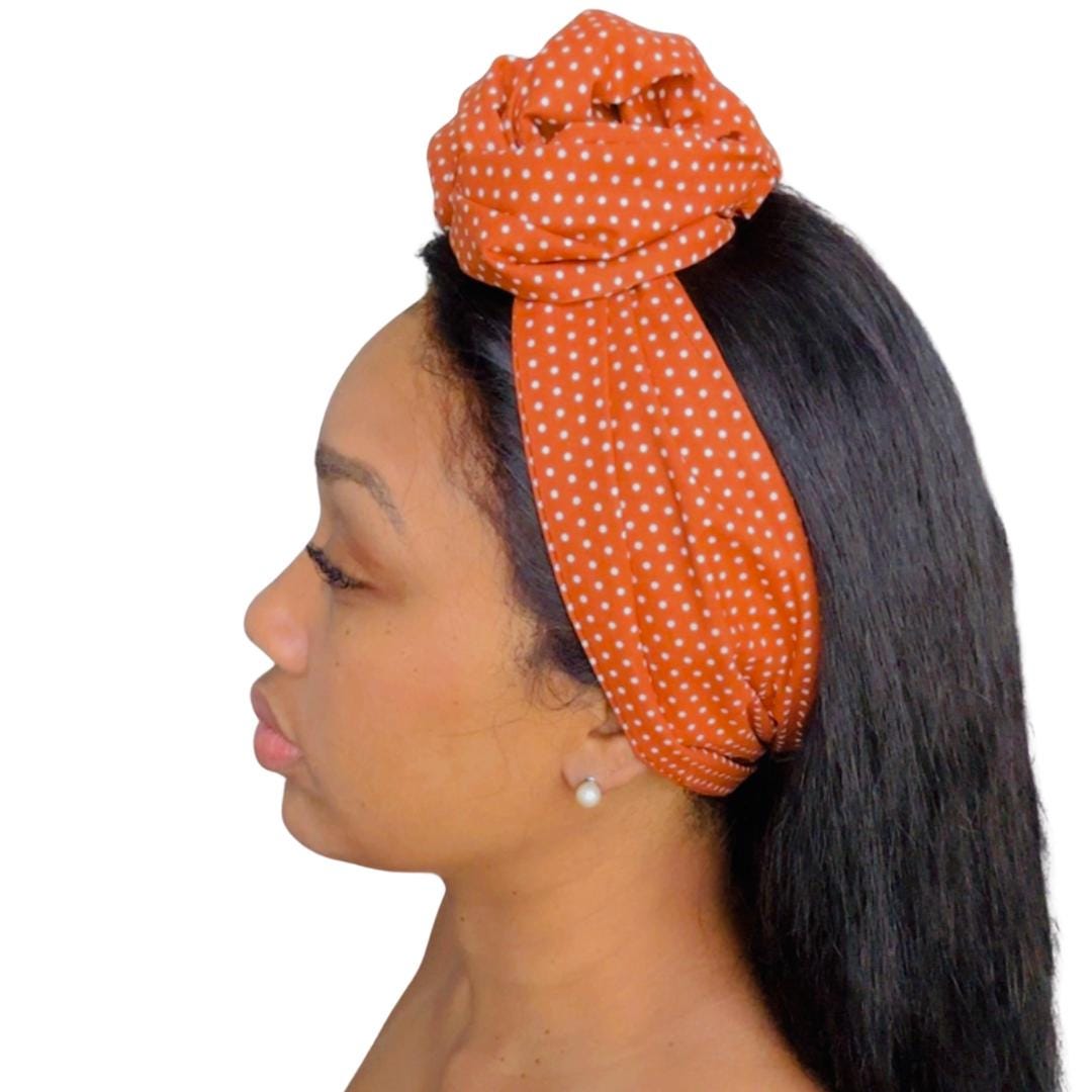 Extra Long Wide Adjustable Wire Headband, Burnt Orange Polka Dot Pattern, Wired Head Scarf, Fabric Head Wrap, Turban, Accessories for Women