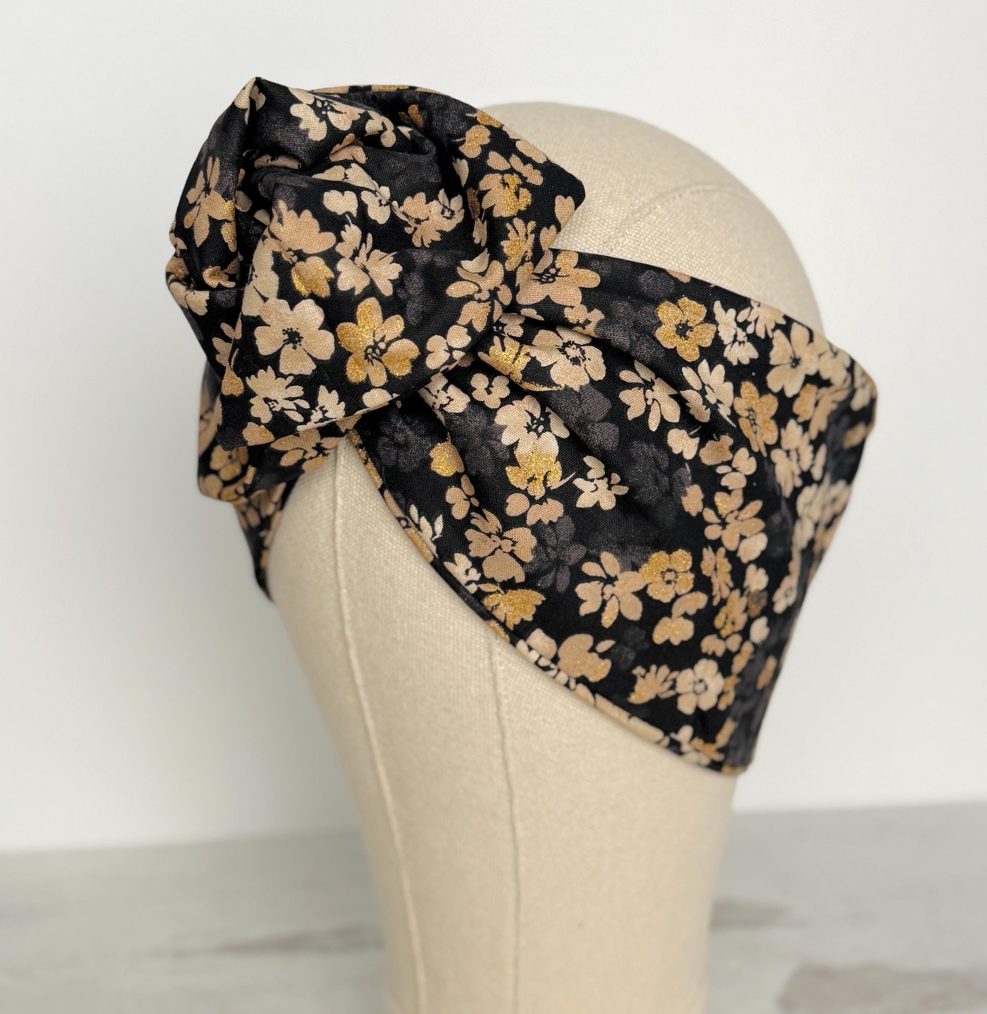 Extra Wide Bendable Wire Headband, Floral Black & Gold Speckled Wired Head Wrap For Women, Adjustable Turban, Autumn Winter Head Scarf