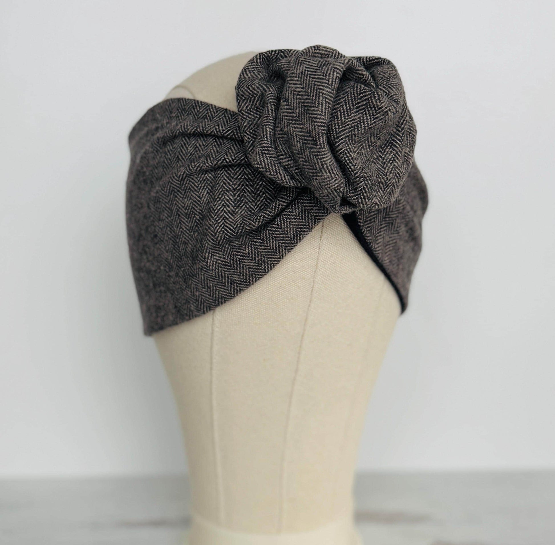 Extra Wide Reversible BENDABLE Wire Headband, Warm Grey Brushed Cotton Herringbone Wired Head Wrap, Turban Accessories, Head Scarf Bandana