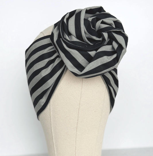 Extra Long Wide Adjustable Wire Headband, Striped Black Gray Pattern, Wired Headband, Fabric Head Wrap, Turban, Accessories, Women