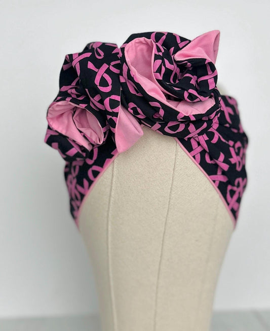 Extra Long Wide BENDABLE Reversible Wire Headband, Breast Cancer Pink Ribbon Batik Print, Wired Head Wrap Turban, Accessories For Women