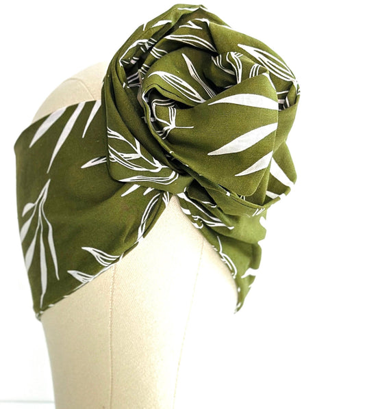 Extra Long Wide Wire Wrap Headband, Olive Green Leaf Pattern, Wired Headband, Fabric Head Wrap , Turban, Boho Chic Accessories (CASSIA)