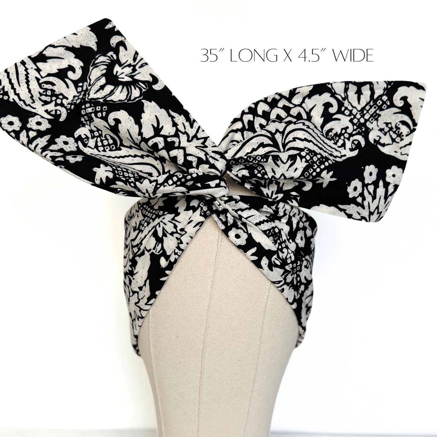 Extra Wide Adjustable Wire Headband, Batik Black & White Floral Print Wired Headband and Turban, Fabric Head Wrap, Hair Scarf