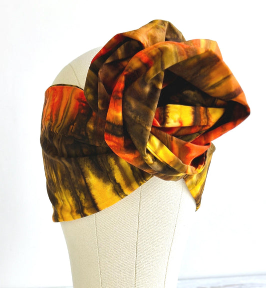 Extra Long Wide Adjustable Wire Wrap Batik Headband, Orange and Brown, Wired Headband, Fabric Head Wrap , Turban, Accessories For Women