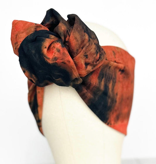 Hand Dyed Extra Long Wide BENDABLE Wire Headband, Orange Black Tie Dyed Wired Head Wrap, Accessories For Women, No Slip Hair Scarf