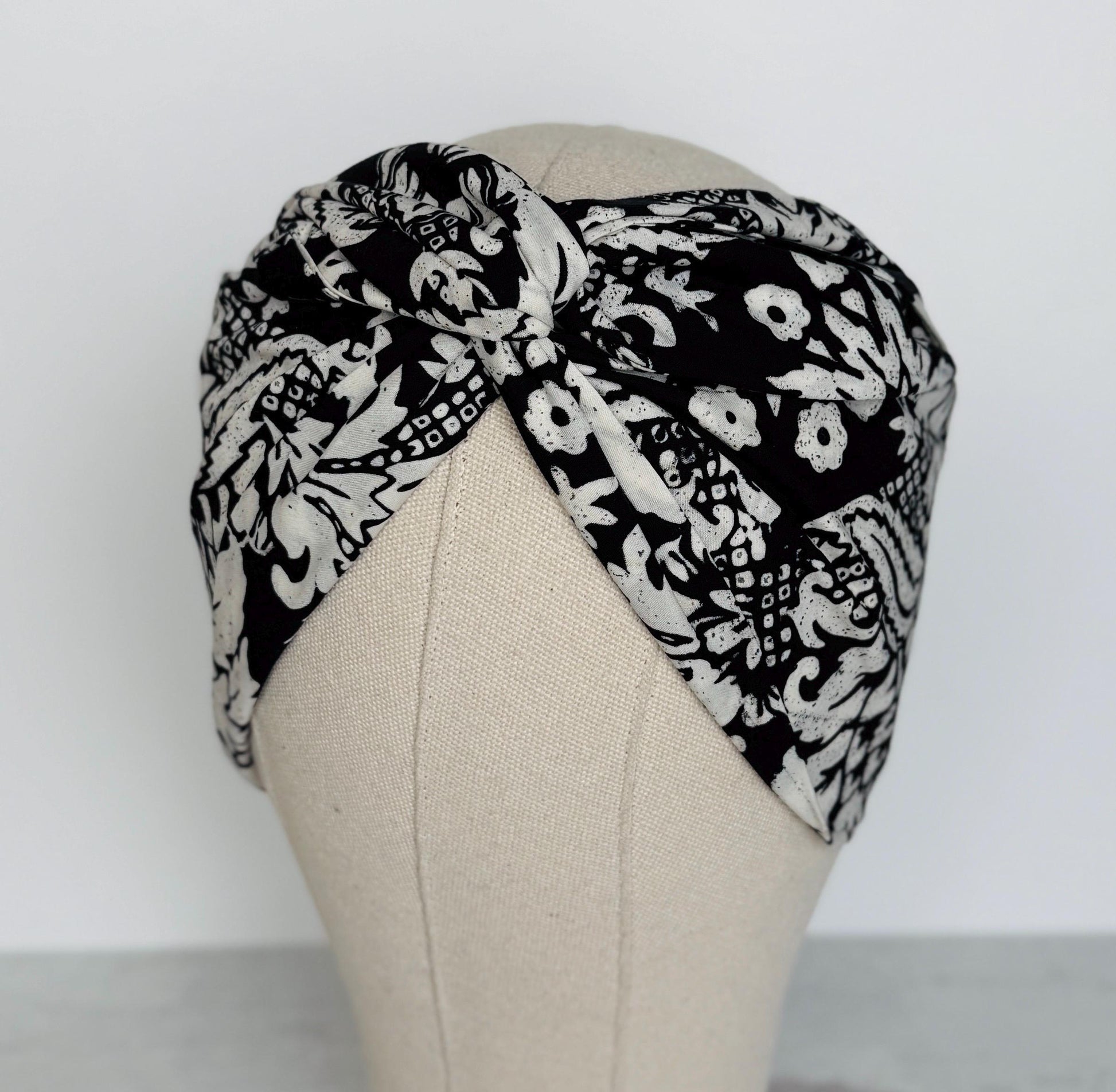 Extra Wide Adjustable Wire Headband, Batik Black & White Floral Print Wired Headband and Turban, Fabric Head Wrap, Hair Scarf