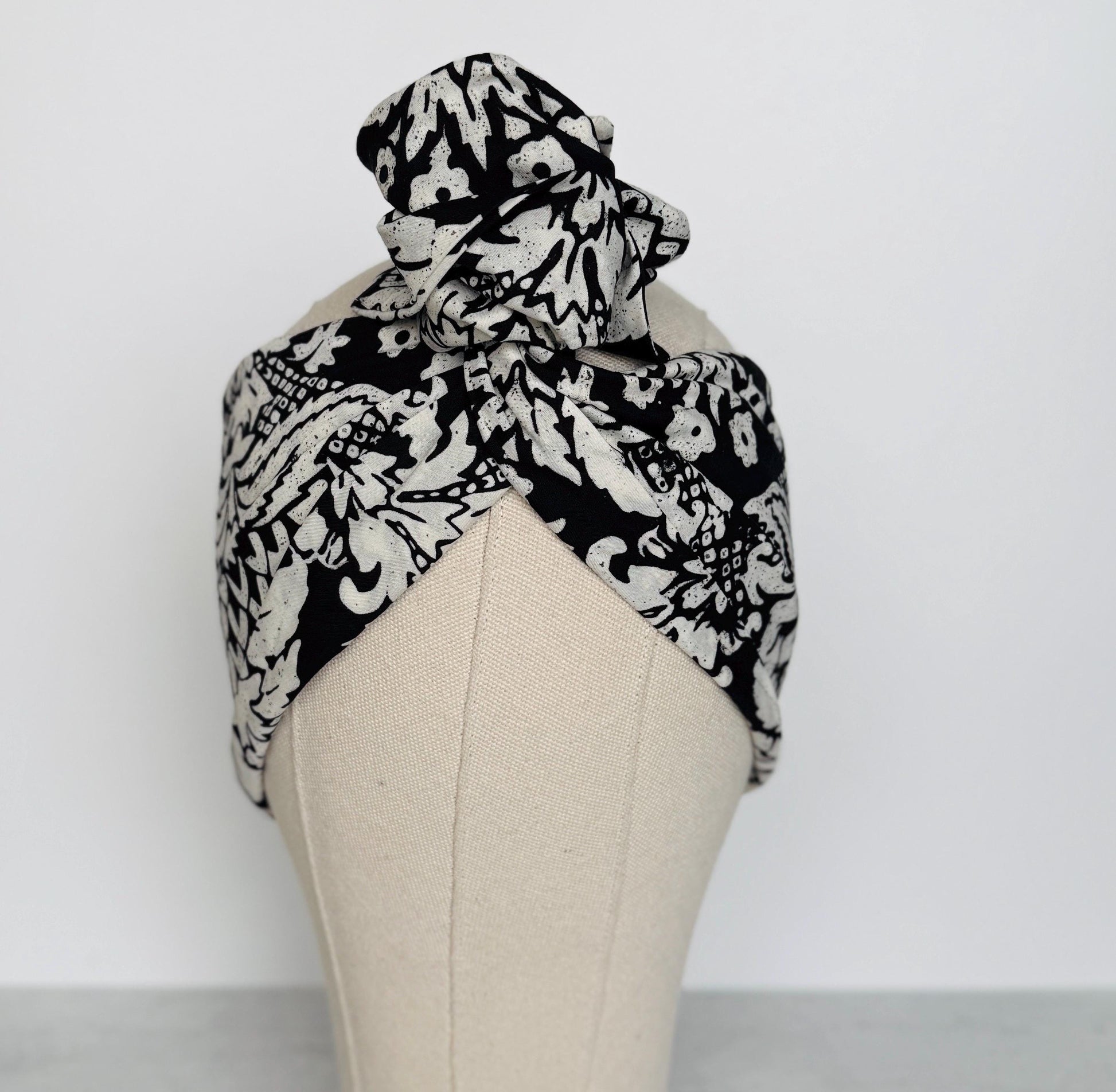 Extra Wide Adjustable Wire Headband, Batik Black & White Floral Print Wired Headband and Turban, Fabric Head Wrap, Hair Scarf