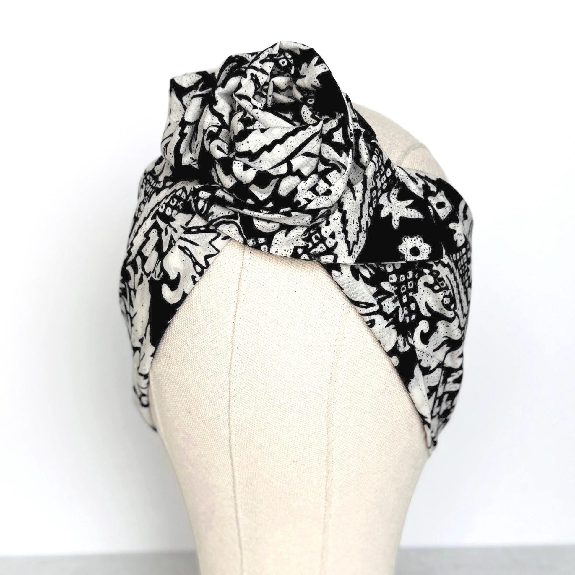 Extra Wide Adjustable Wire Headband, Batik Black & White Floral Print Wired Headband and Turban, Fabric Head Wrap, Hair Scarf