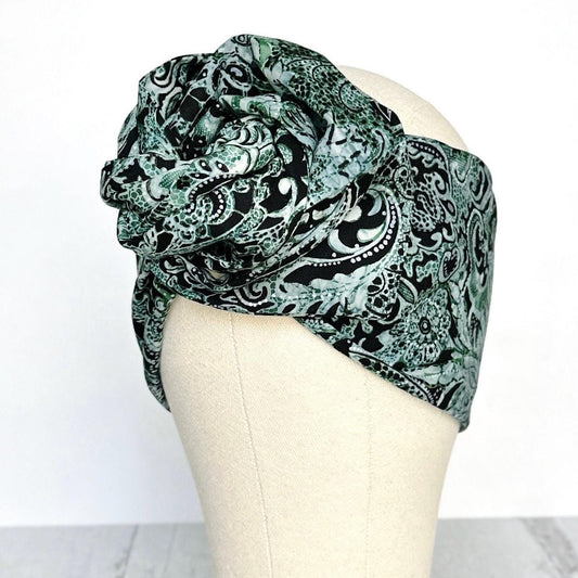 Extra Long & Wide Wire Adjustable Wrap Head Wrap, Green Abstract Floral Print, Wired Headband, Turban, Accessories For Women