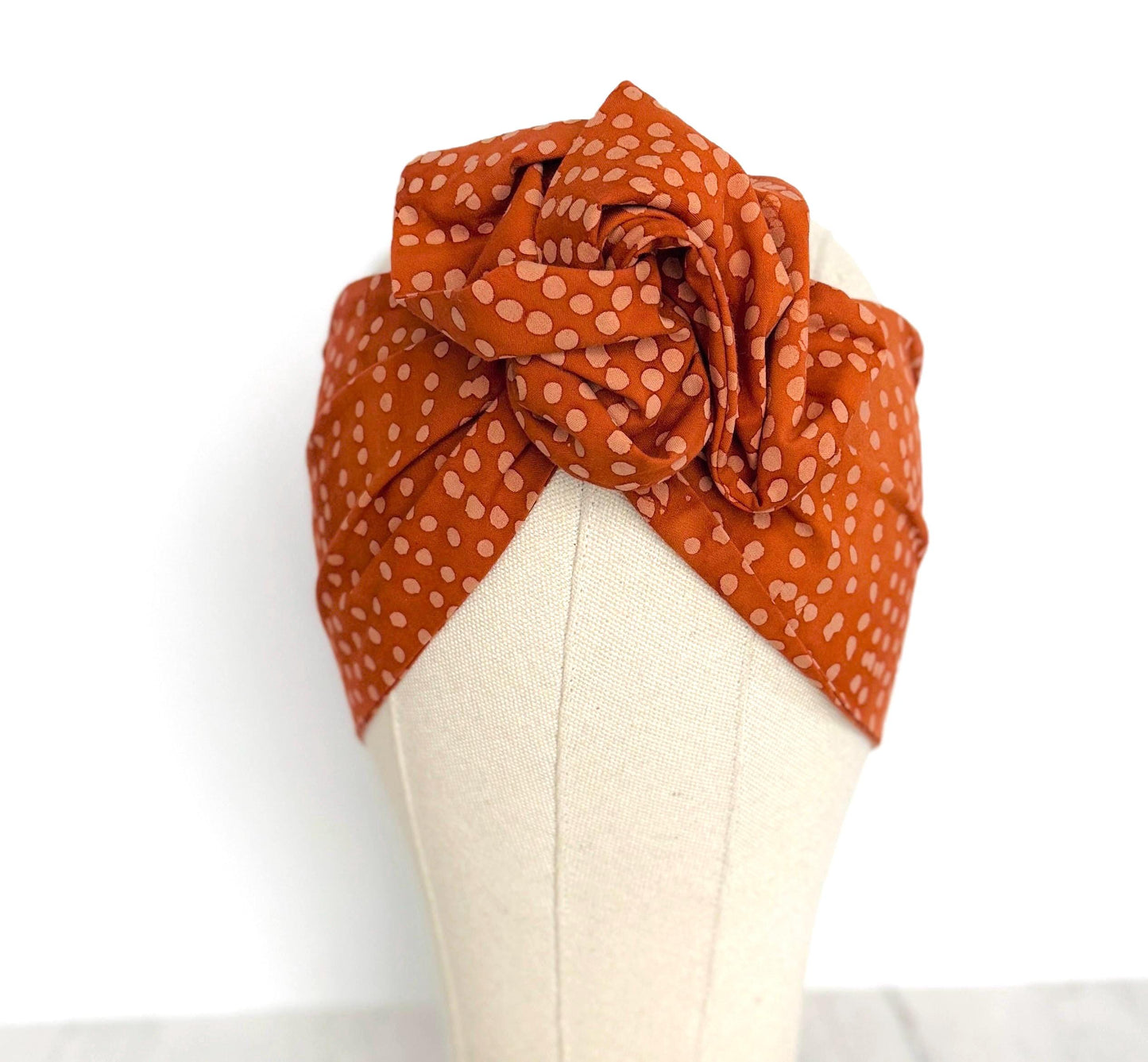 Extra Wide Adjustable Wire Headband, Batik Burnt Orange & Beige Polka Dot Print Wired Headband and Turban, Fabric Head Wrap, Hair Scarf