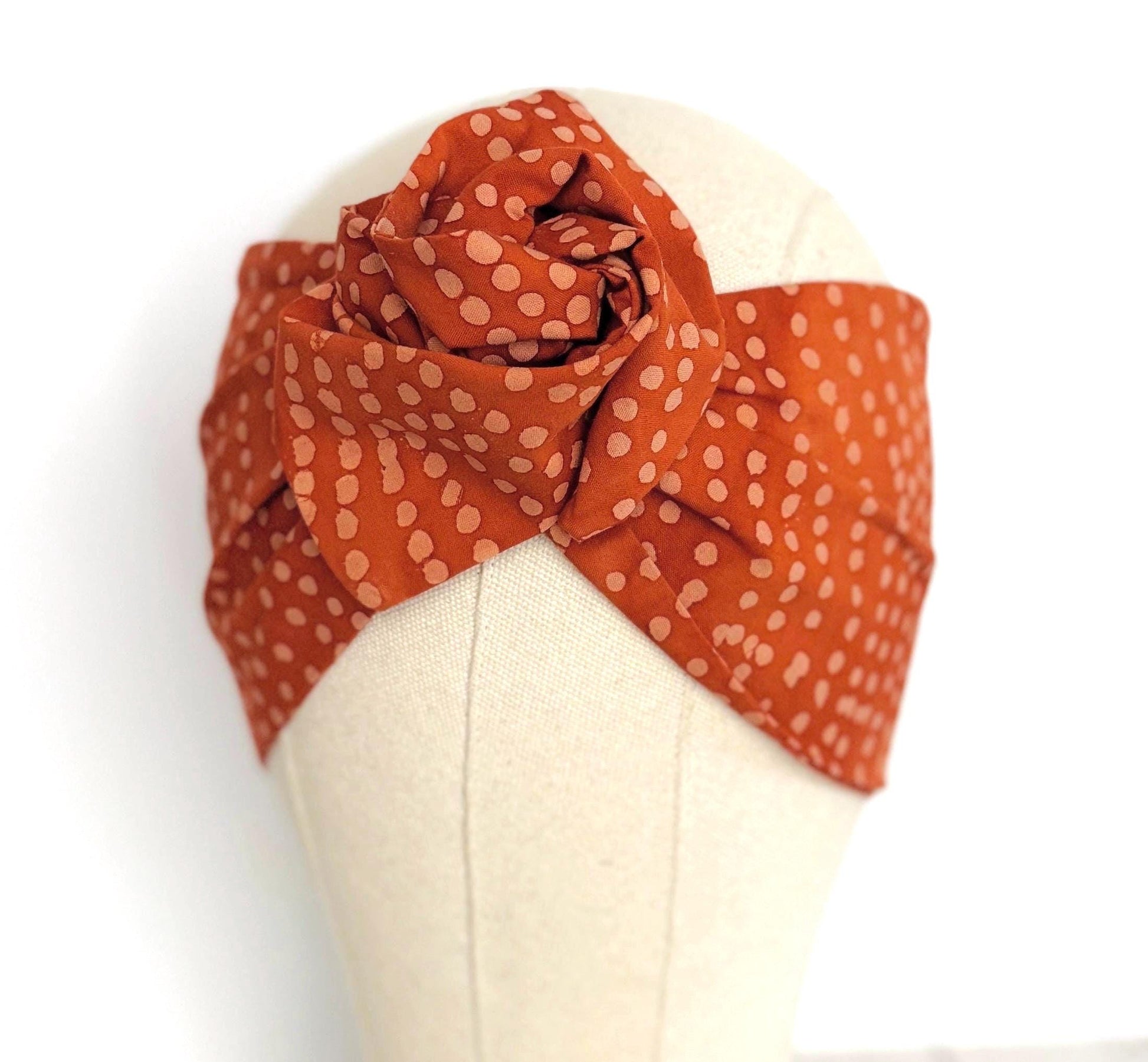 Extra Wide Adjustable Wire Headband, Batik Burnt Orange & Beige Polka Dot Print Wired Headband and Turban, Fabric Head Wrap, Hair Scarf